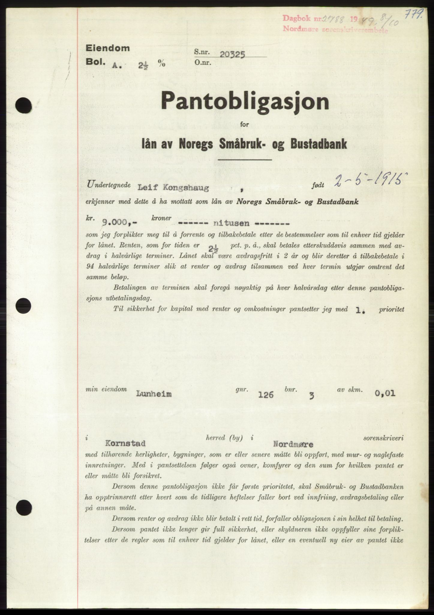 Nordmøre sorenskriveri, AV/SAT-A-4132/1/2/2Ca: Mortgage book no. B102, 1949-1949, Diary no: : 2788/1949