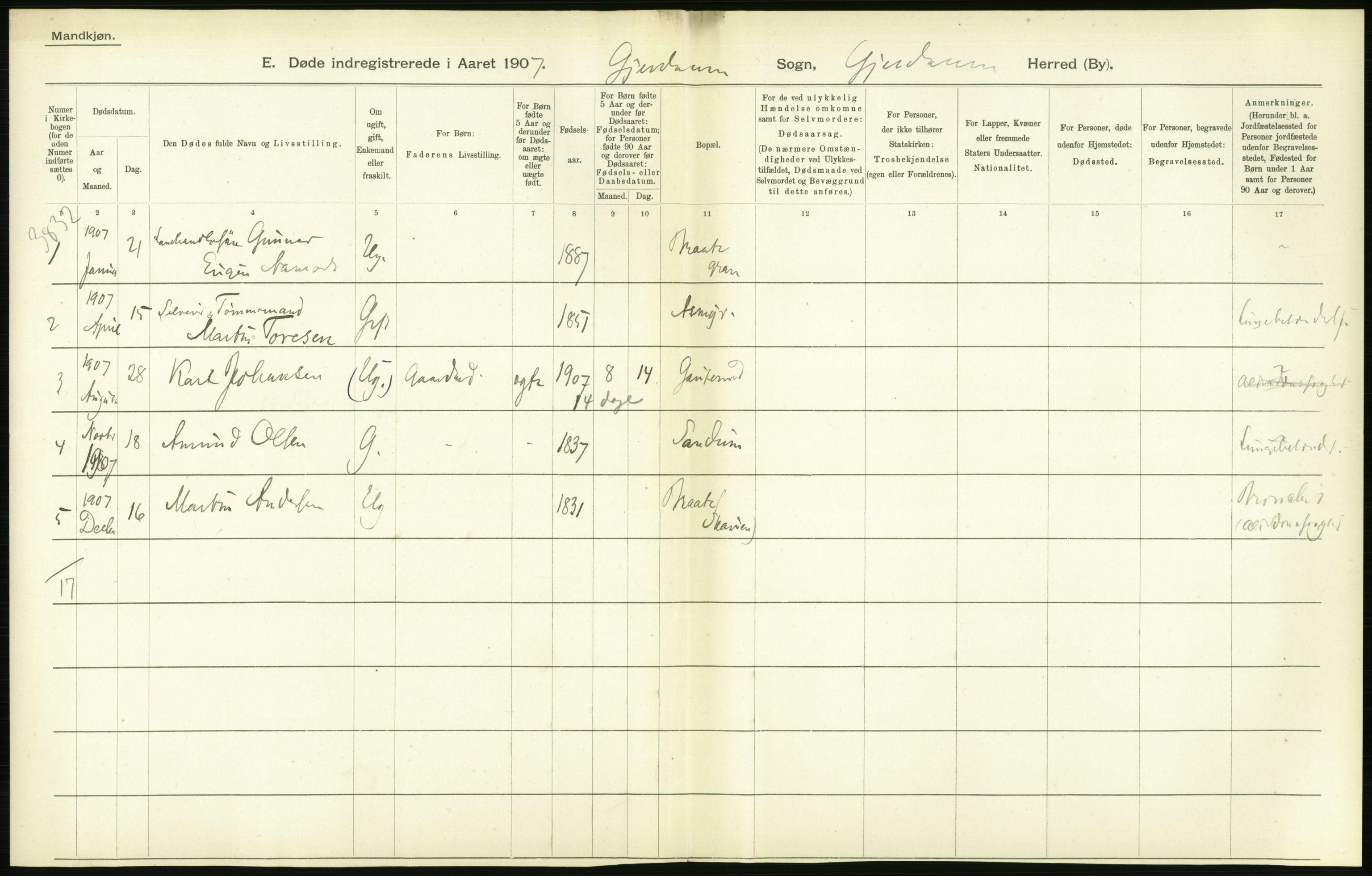 Statistisk sentralbyrå, Sosiodemografiske emner, Befolkning, AV/RA-S-2228/D/Df/Dfa/Dfae/L0005: Akershus amt: Gifte, døde. Bygder og byer., 1907, p. 188