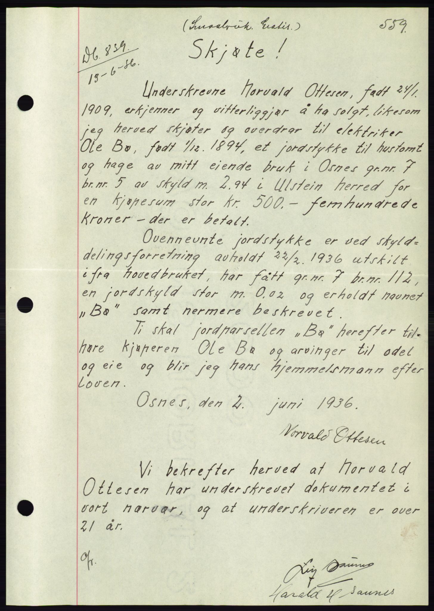 Søre Sunnmøre sorenskriveri, AV/SAT-A-4122/1/2/2C/L0060: Mortgage book no. 54, 1935-1936, Deed date: 15.06.1936