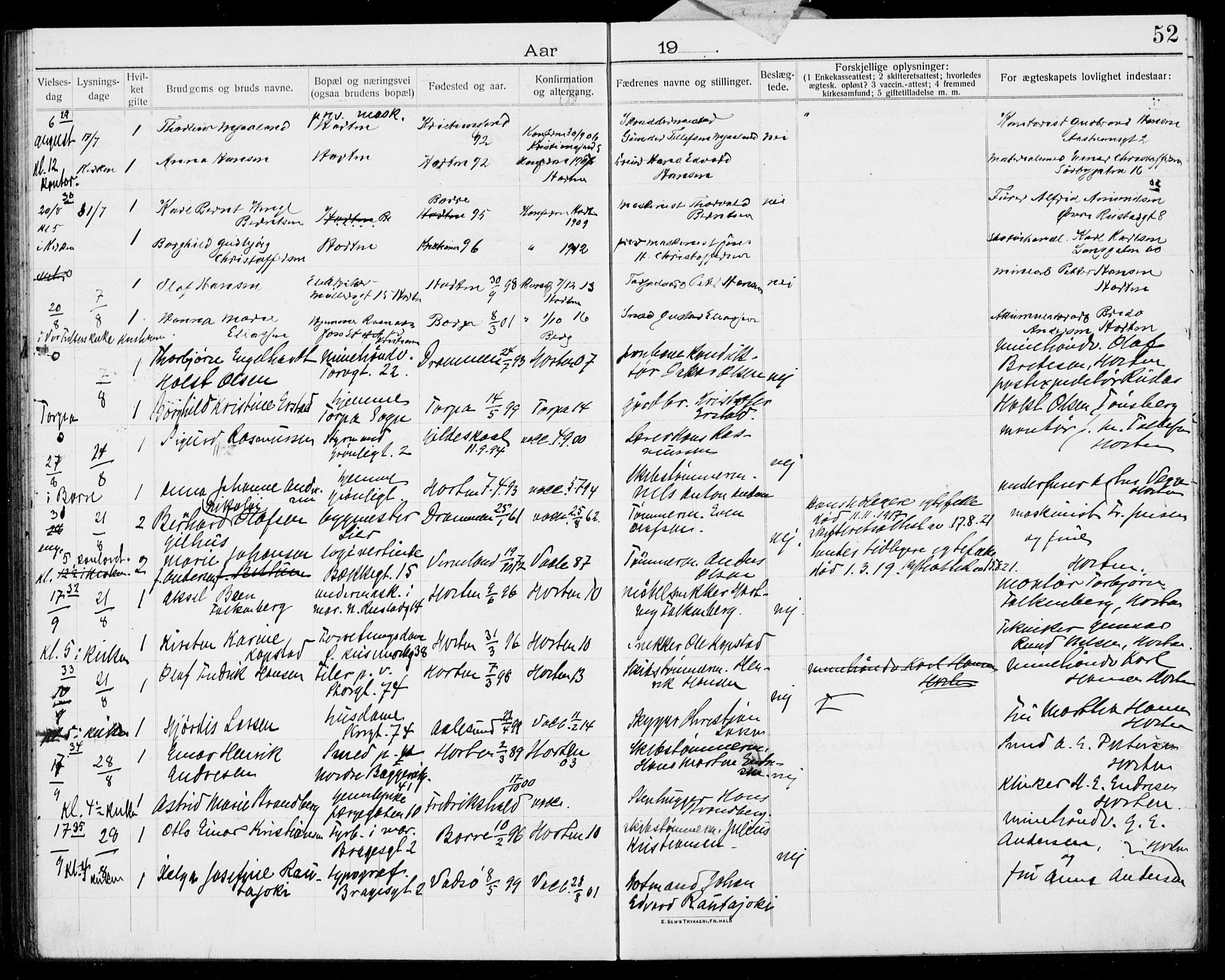 Horten kirkebøker, AV/SAKO-A-348/H/Ha/L0005: Banns register no. 5, 1914-1923, p. 52