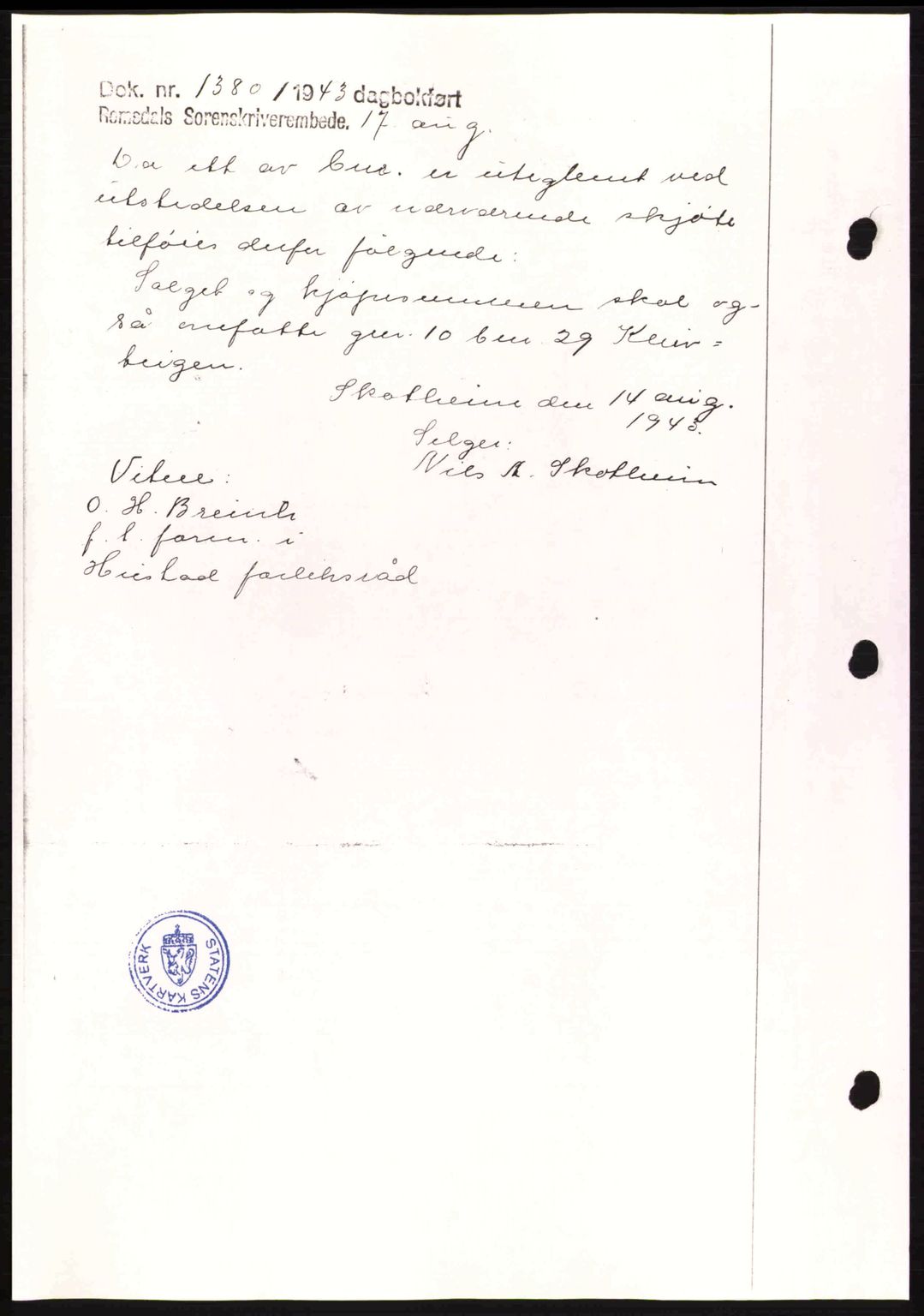 Romsdal sorenskriveri, AV/SAT-A-4149/1/2/2C: Mortgage book no. A14, 1943-1943, Diary no: : 1380/1943