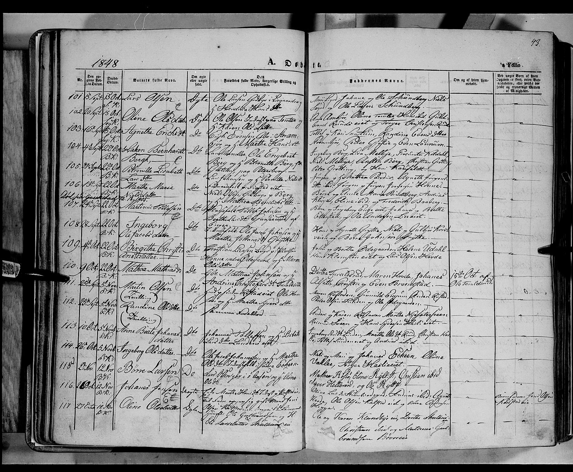 Biri prestekontor, AV/SAH-PREST-096/H/Ha/Haa/L0005: Parish register (official) no. 5, 1843-1854, p. 43