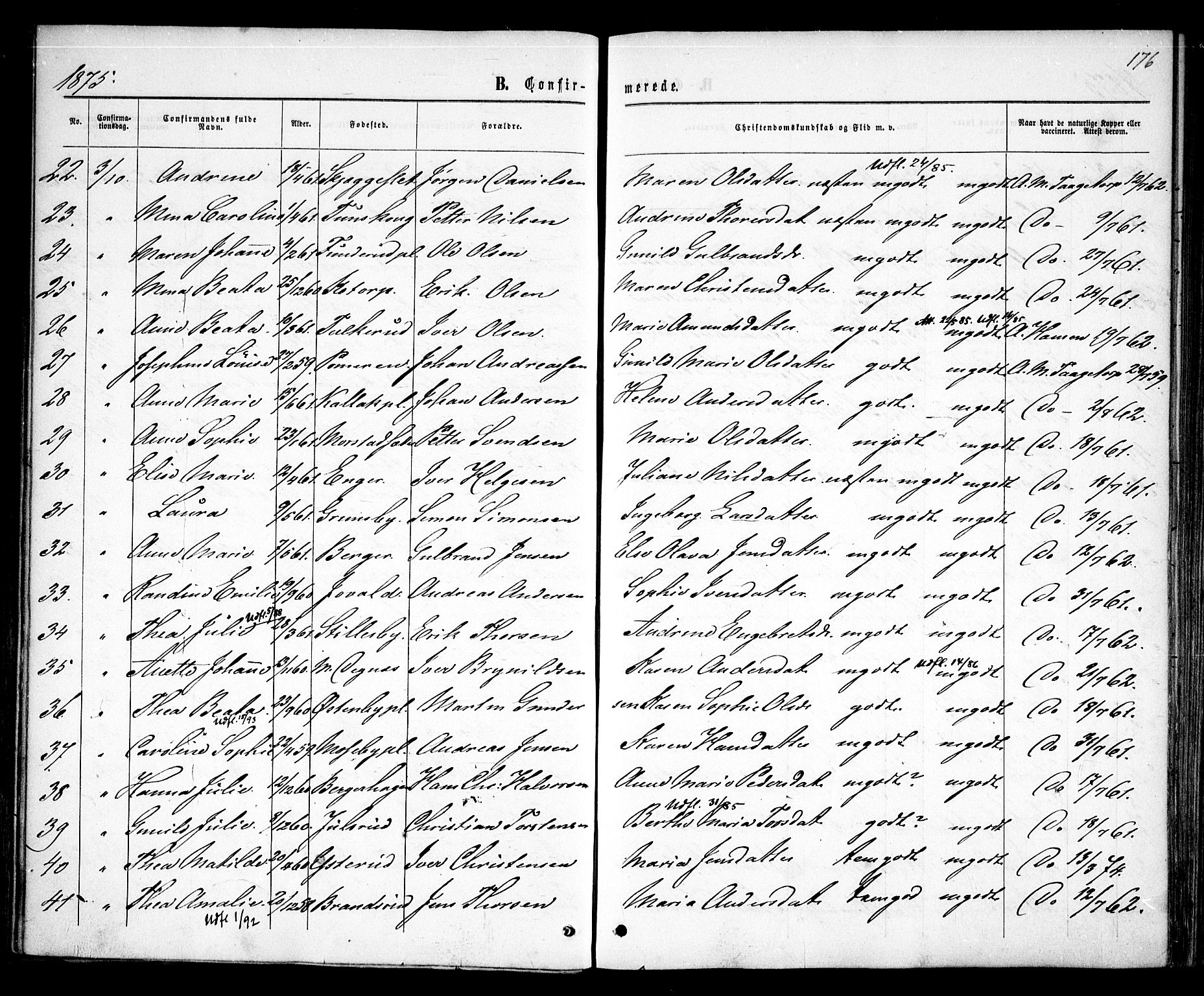 Rødenes prestekontor Kirkebøker, AV/SAO-A-2005/F/Fa/L0008: Parish register (official) no. I 8, 1869-1879, p. 176