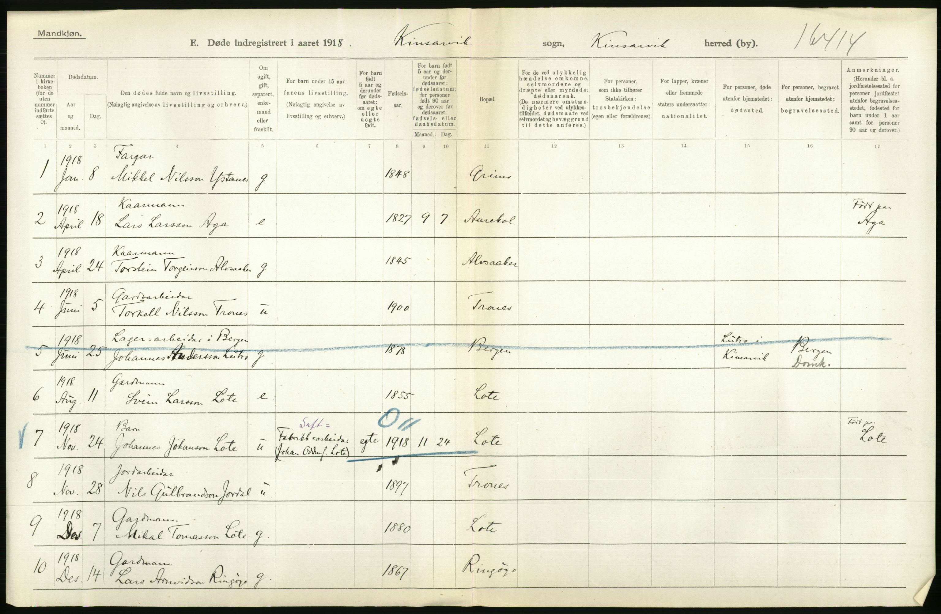 Statistisk sentralbyrå, Sosiodemografiske emner, Befolkning, AV/RA-S-2228/D/Df/Dfb/Dfbh/L0036: Hordaland fylke: Døde., 1918, p. 312