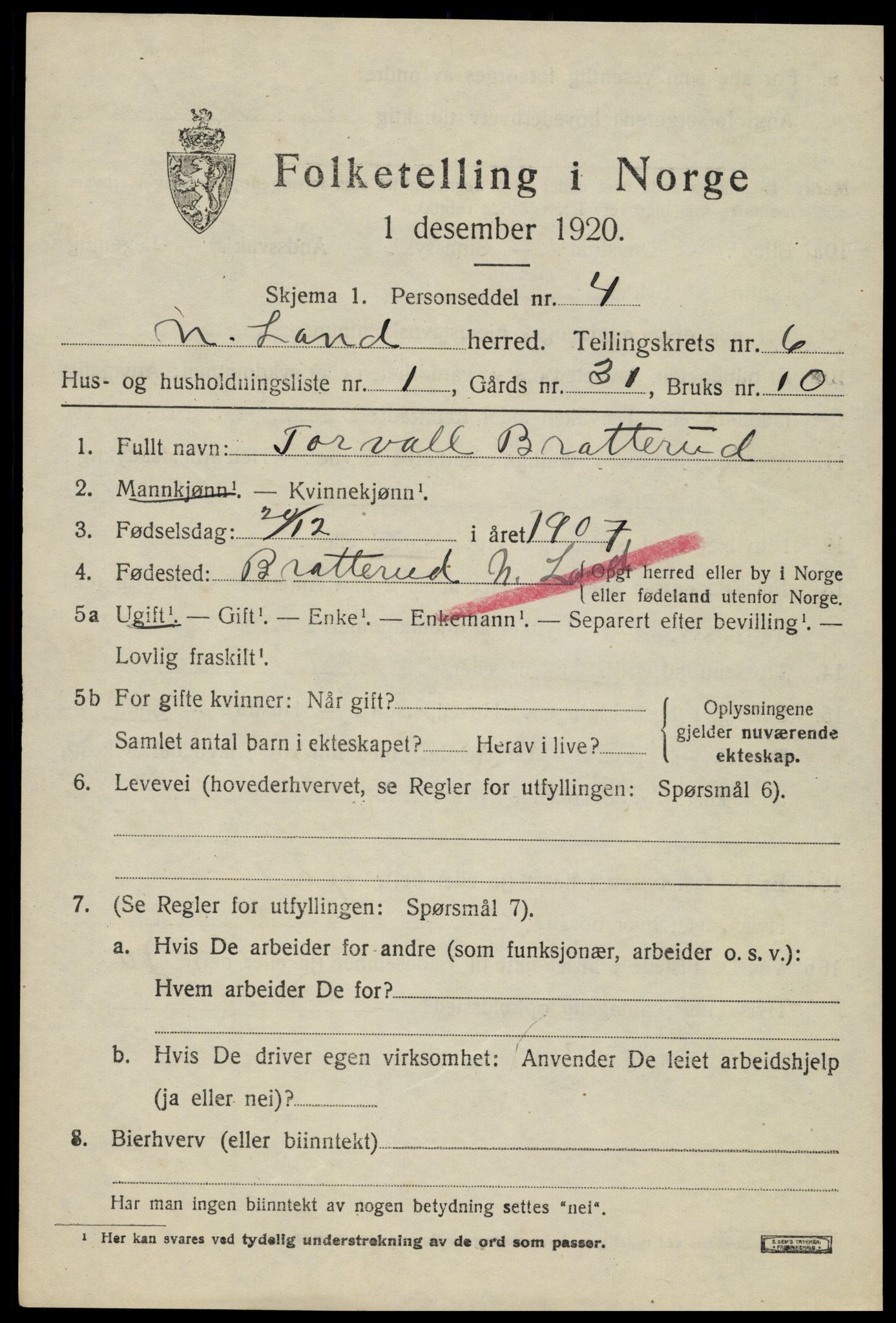 SAH, 1920 census for Nordre Land, 1920, p. 3860