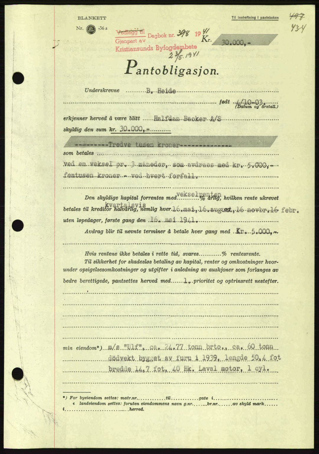 Kristiansund byfogd, AV/SAT-A-4587/A/27: Mortgage book no. 33, 1939-1941, Diary no: : 398/1941