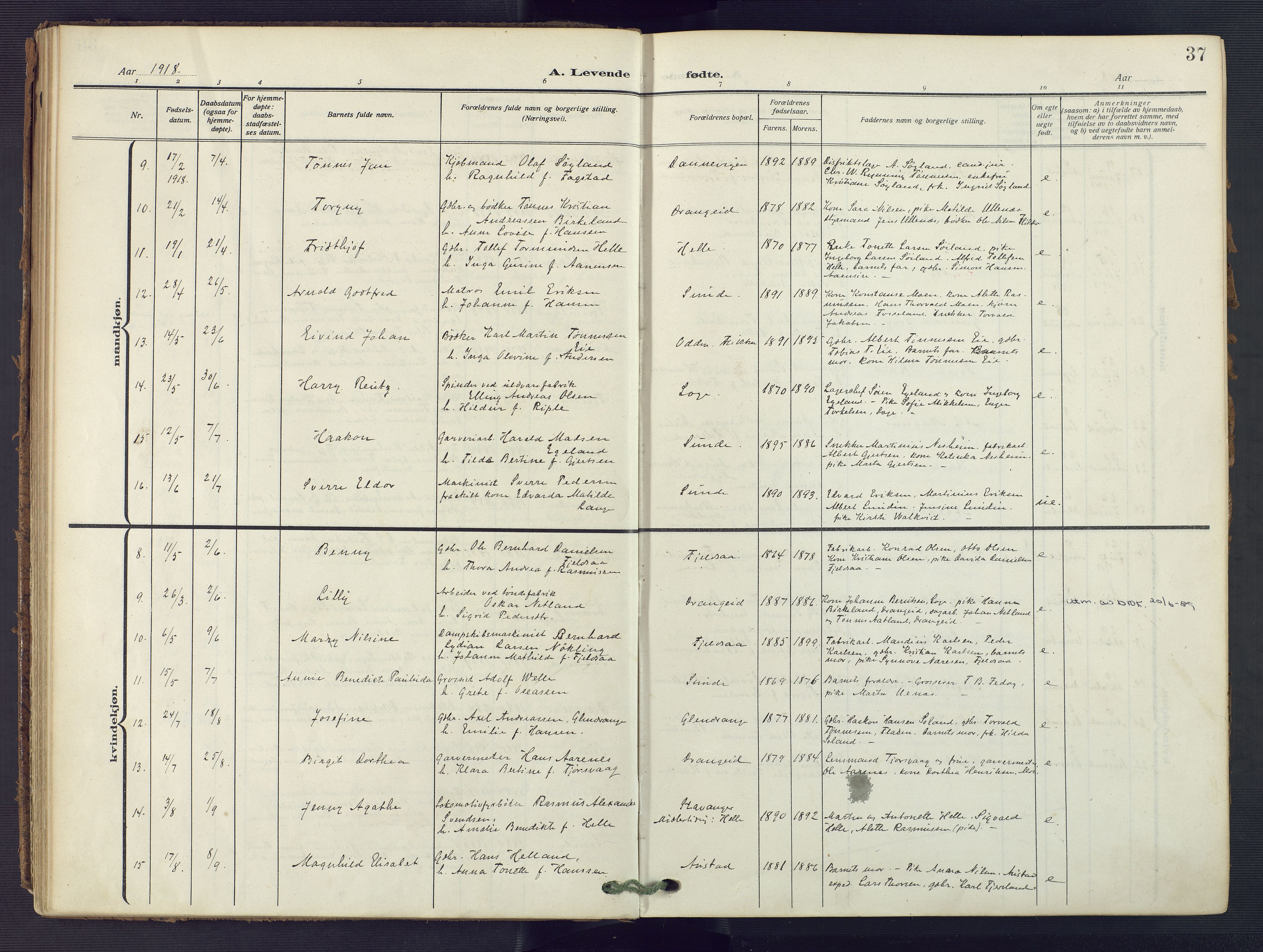 Flekkefjord sokneprestkontor, AV/SAK-1111-0012/F/Fa/Fac/L0010: Parish register (official) no. A 10, 1910-1927, p. 37