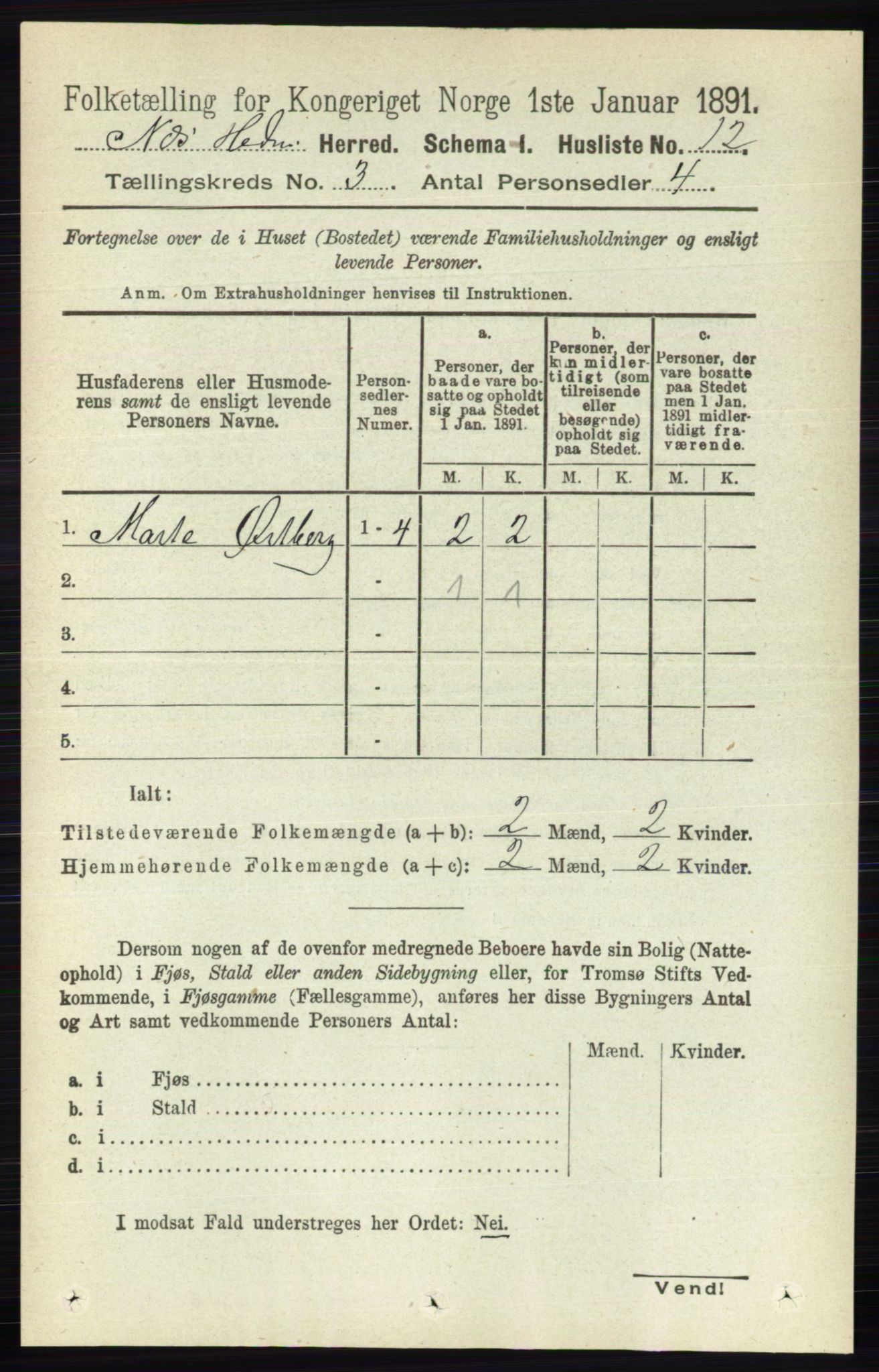 RA, 1891 census for 0411 Nes, 1891, p. 1532
