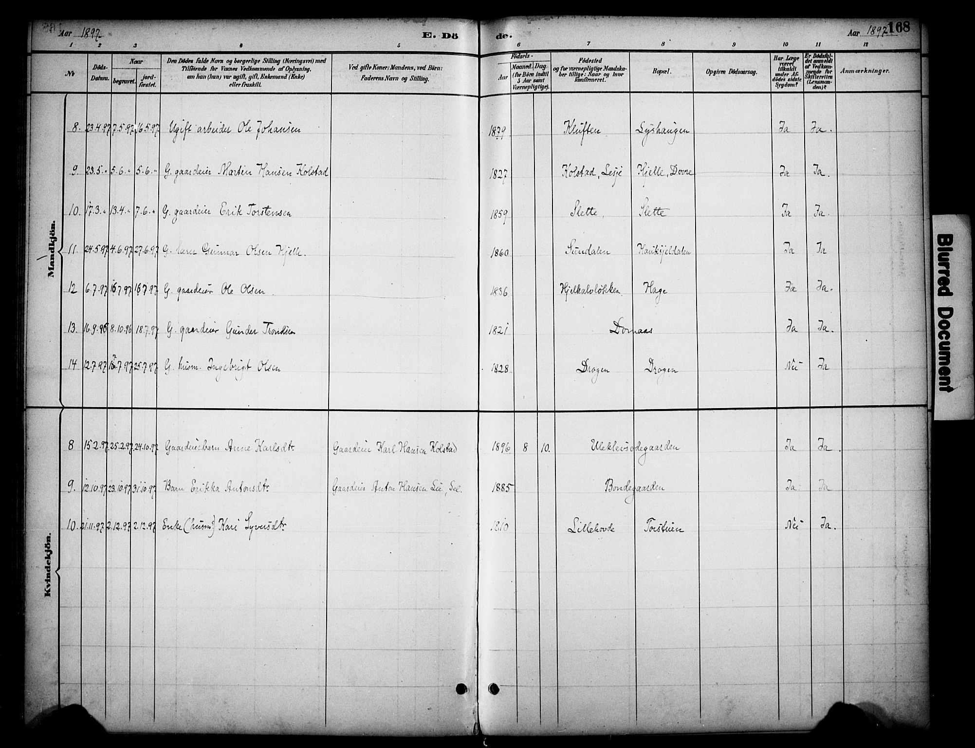 Dovre prestekontor, SAH/PREST-066/H/Ha/Haa/L0003: Parish register (official) no. 3, 1891-1901, p. 168