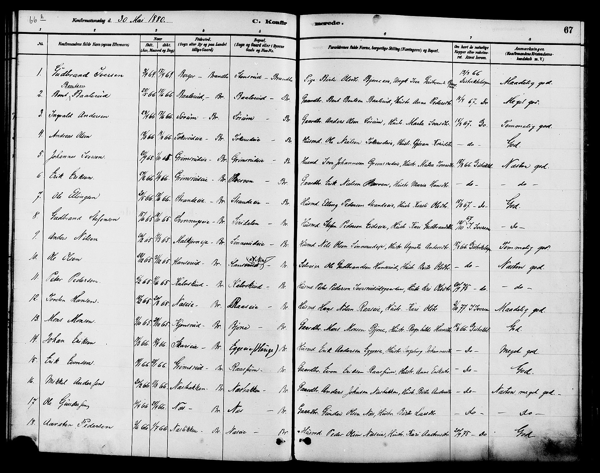 Gran prestekontor, SAH/PREST-112/H/Ha/Haa/L0015: Parish register (official) no. 15, 1880-1888, p. 67