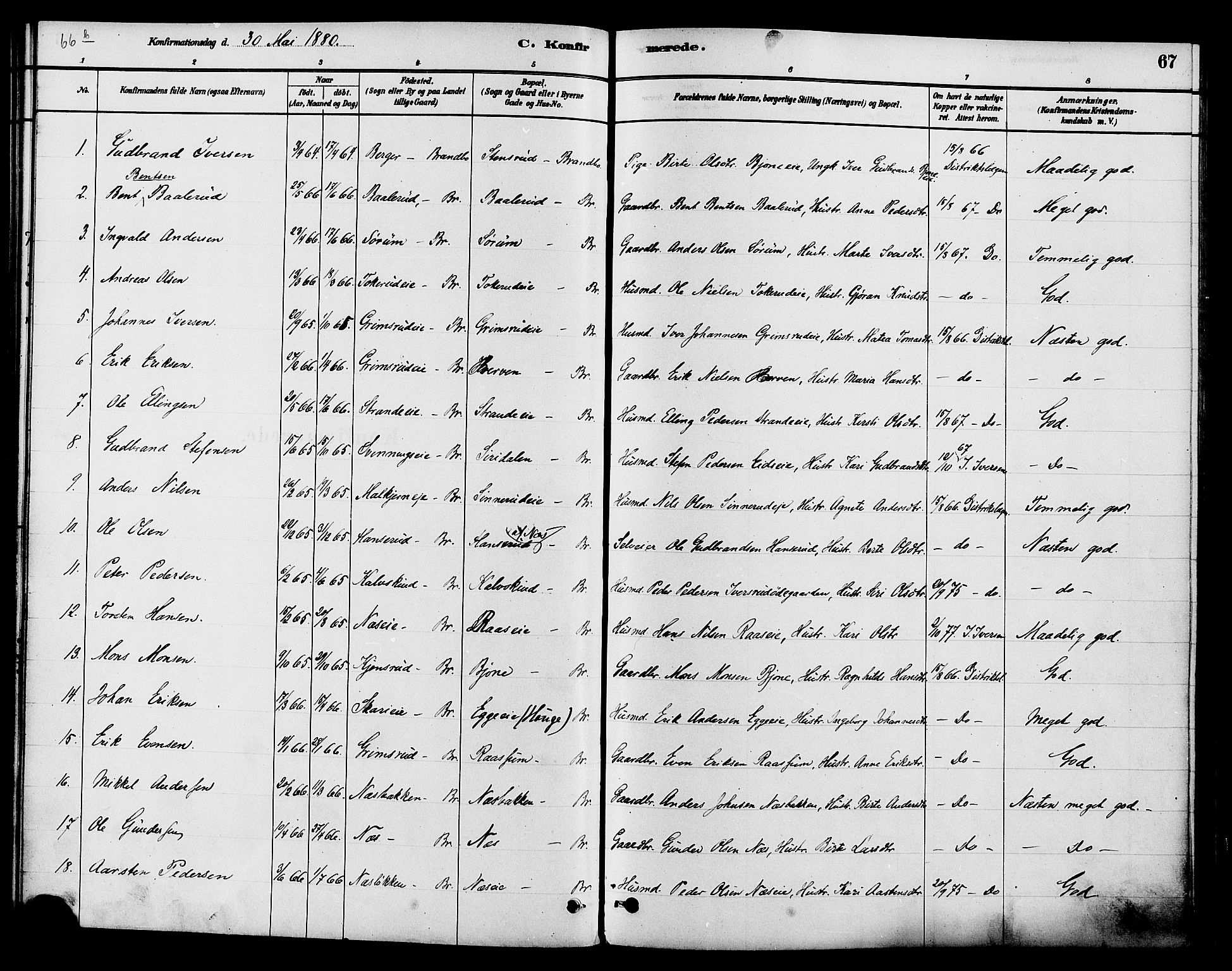 Gran prestekontor, AV/SAH-PREST-112/H/Ha/Haa/L0015: Parish register (official) no. 15, 1880-1888, p. 67