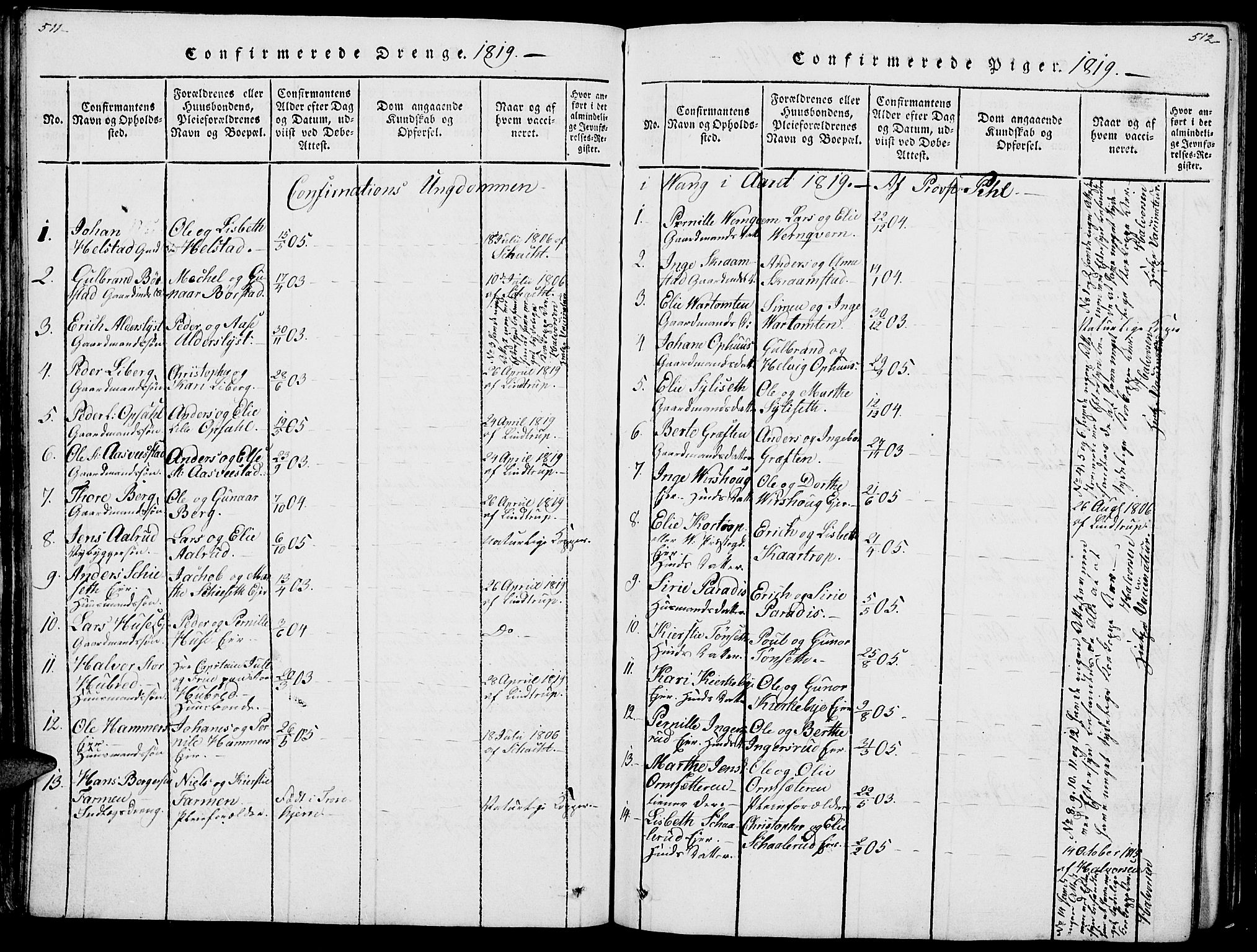 Vang prestekontor, Hedmark, SAH/PREST-008/H/Ha/Haa/L0007: Parish register (official) no. 7, 1813-1826, p. 511-512