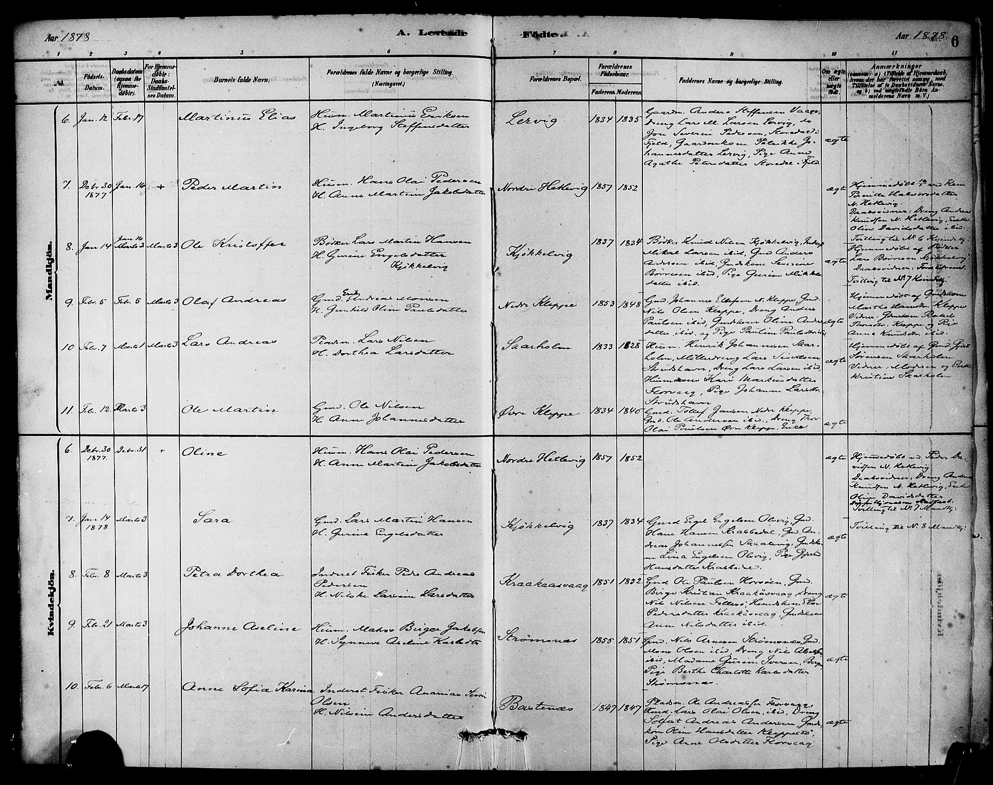 Askøy Sokneprestembete, SAB/A-74101/H/Ha/Haa/Haab/L0001: Parish register (official) no. B 1, 1878-1889, p. 6