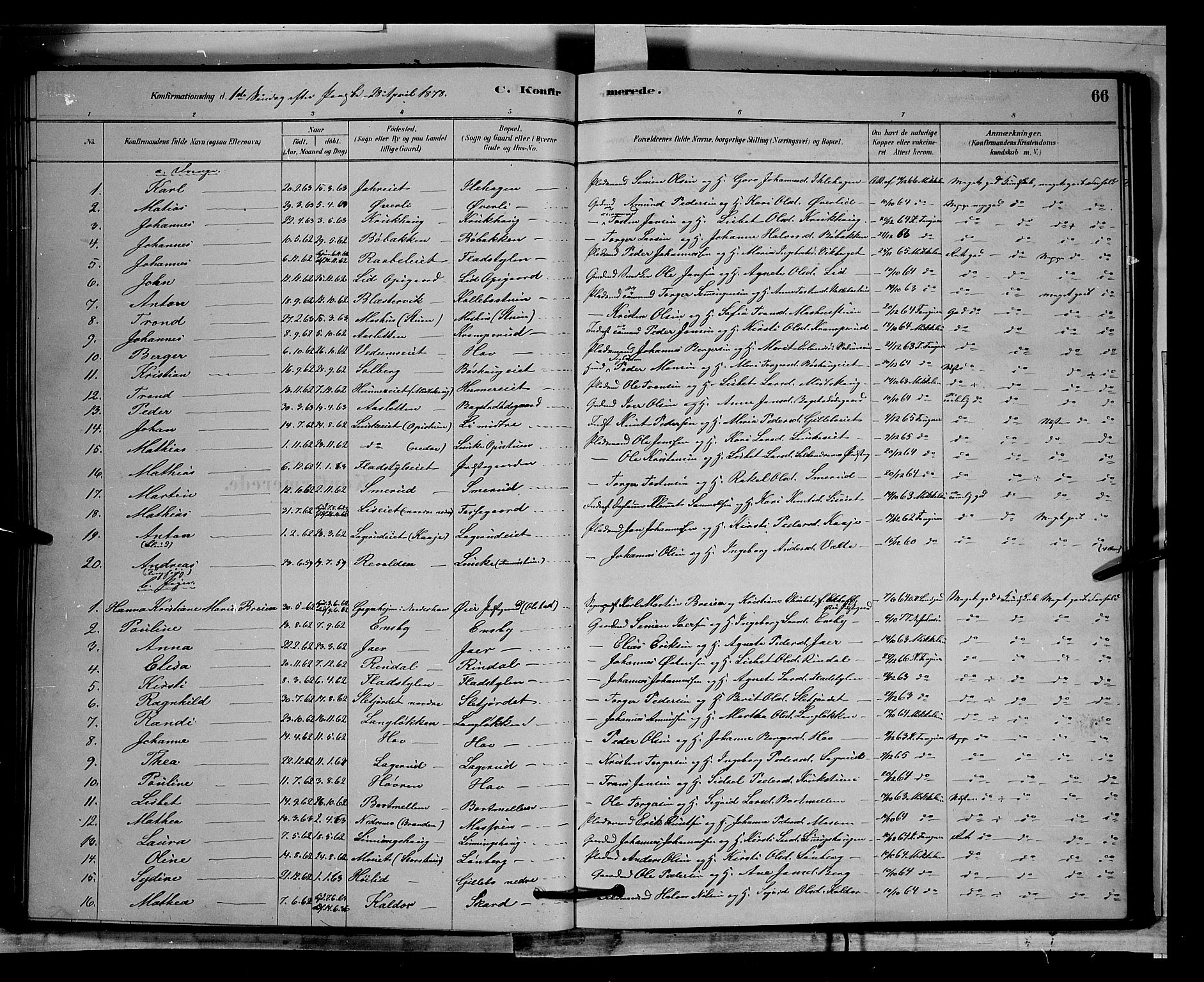 Øyer prestekontor, SAH/PREST-084/H/Ha/Hab/L0002: Parish register (copy) no. 2, 1878-1896, p. 66