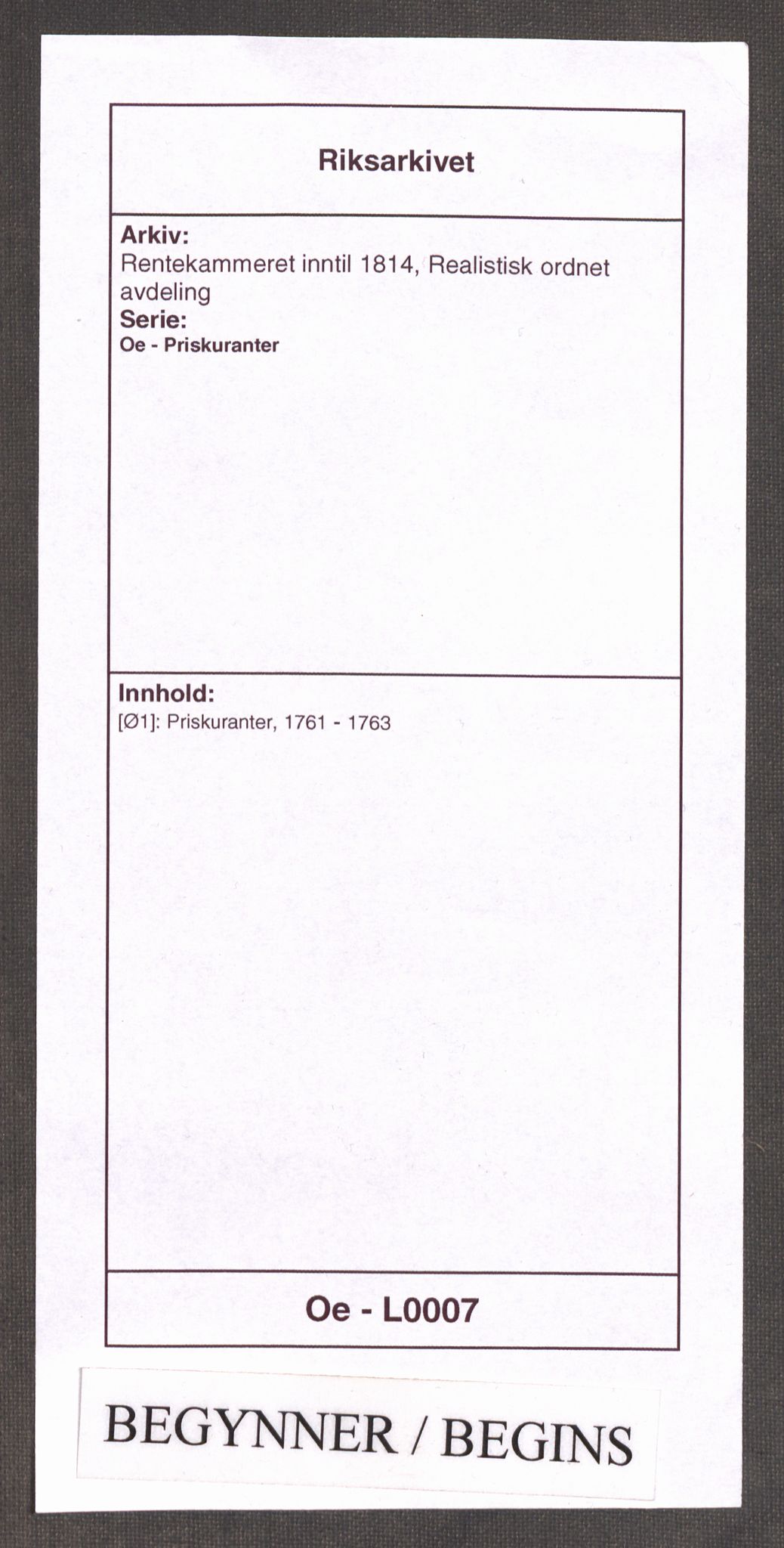 Rentekammeret inntil 1814, Realistisk ordnet avdeling, AV/RA-EA-4070/Oe/L0007: [Ø1]: Priskuranter, 1761-1763, p. 1