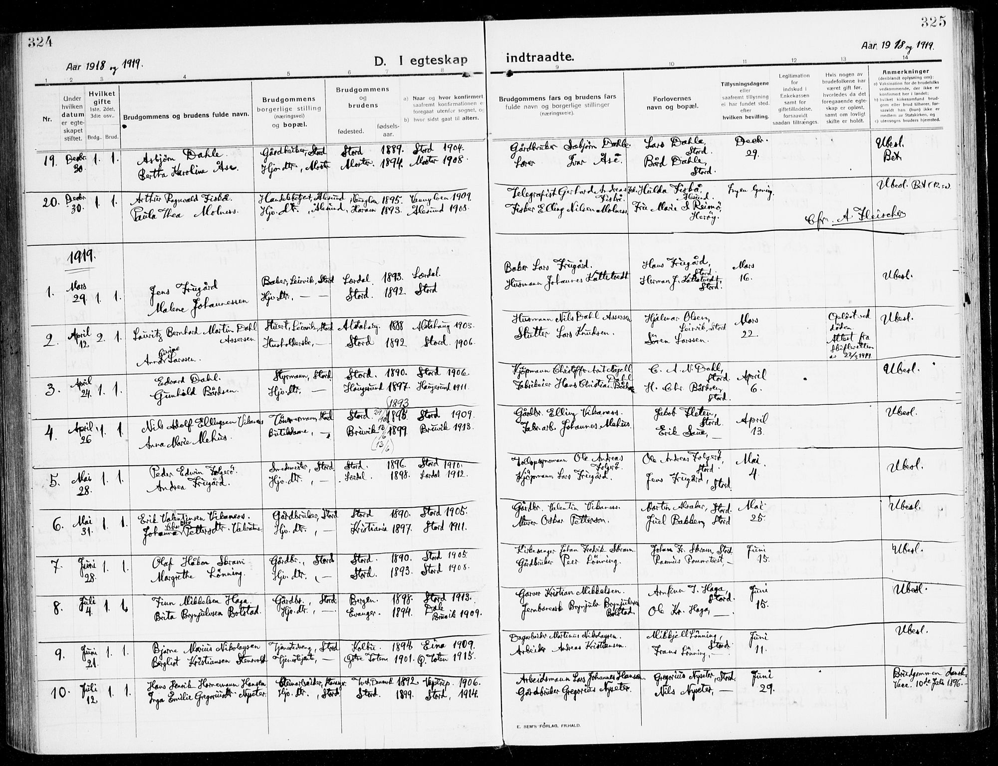 Stord sokneprestembete, AV/SAB-A-78201/H/Haa: Parish register (official) no. B 3, 1913-1925, p. 324-325