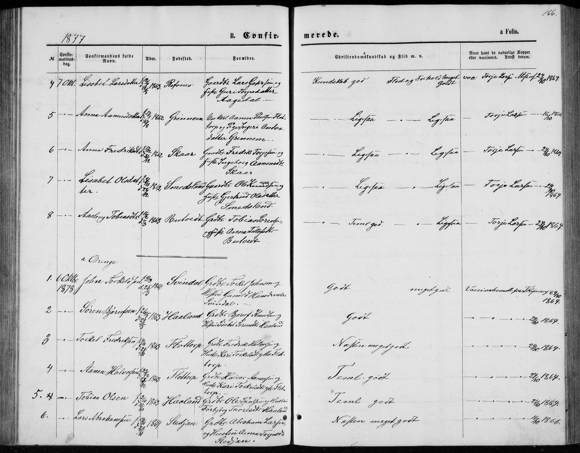 Bjelland sokneprestkontor, SAK/1111-0005/F/Fb/Fbc/L0002: Parish register (copy) no. B 2, 1867-1887, p. 166