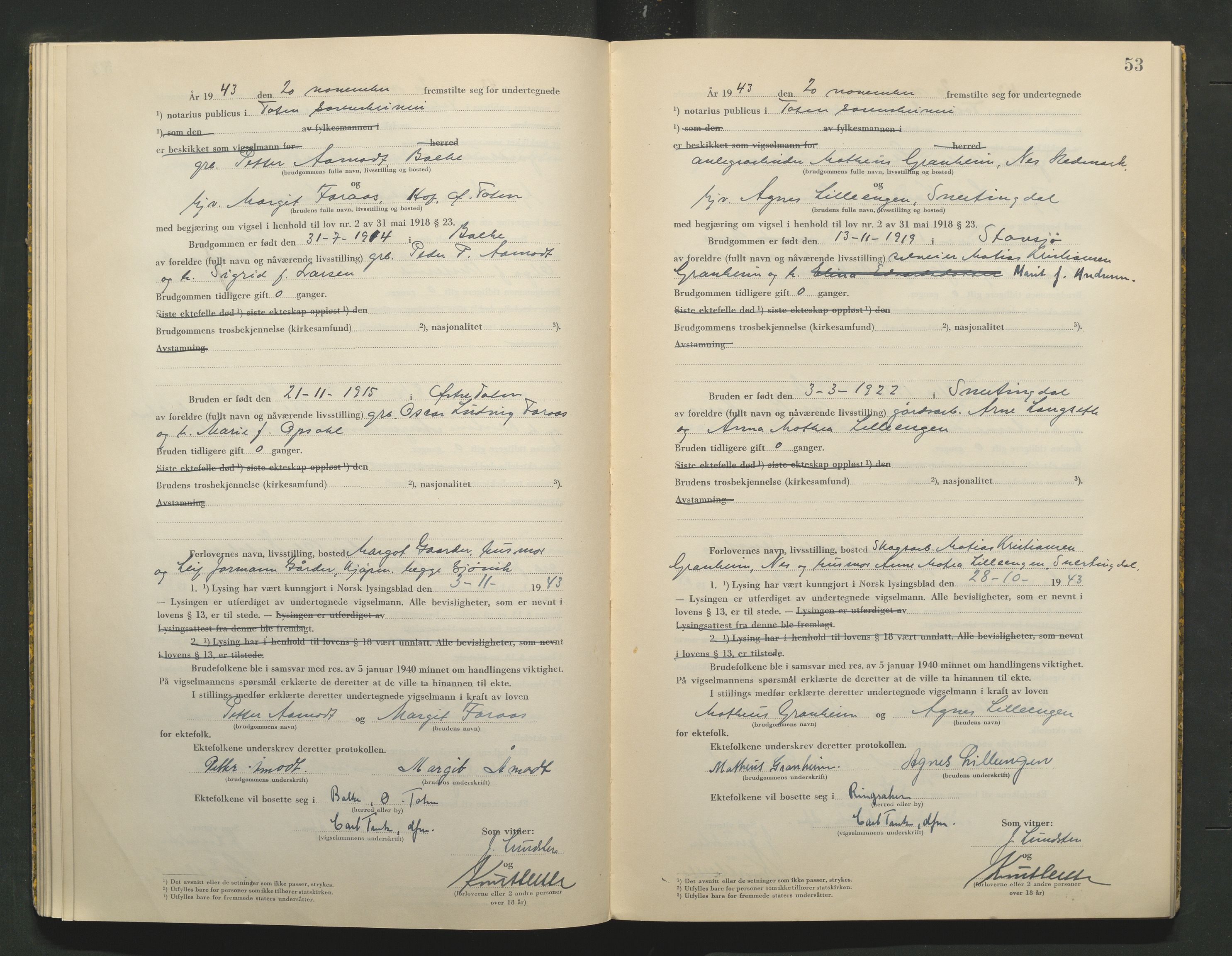 Toten tingrett, AV/SAH-TING-006/L/Lc/L0003: Vigselbok, 1943-1944, p. 53
