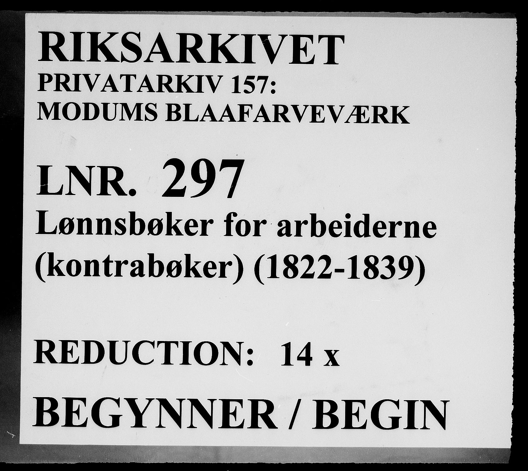 Modums Blaafarveværk, RA/PA-0157/G/Gd/Gdd/L0297/0001: -- / Lønnebøker for arbeiderne(kontrabøker), 1822-1839, p. 1