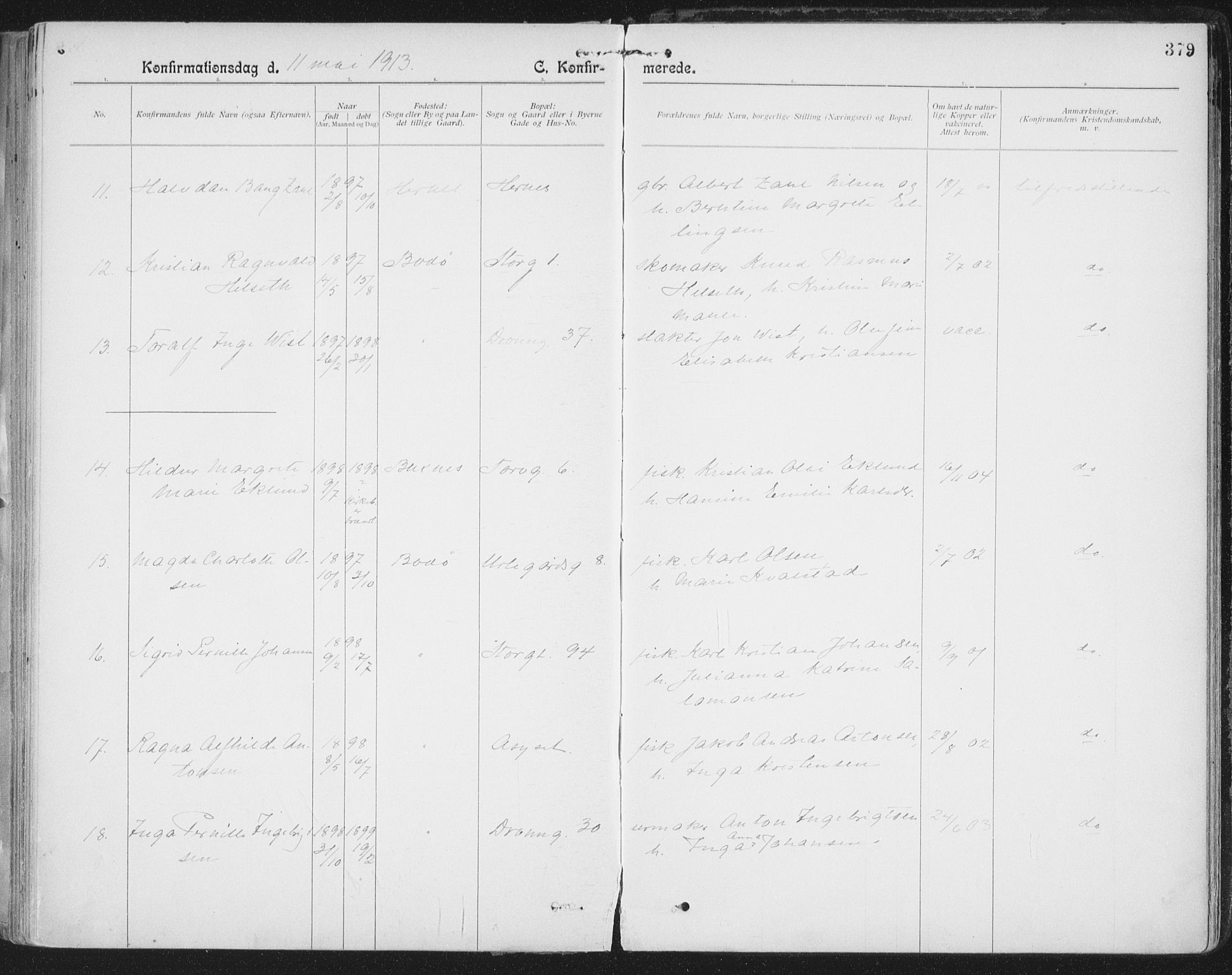 Ministerialprotokoller, klokkerbøker og fødselsregistre - Nordland, AV/SAT-A-1459/801/L0011: Parish register (official) no. 801A11, 1900-1916, p. 379