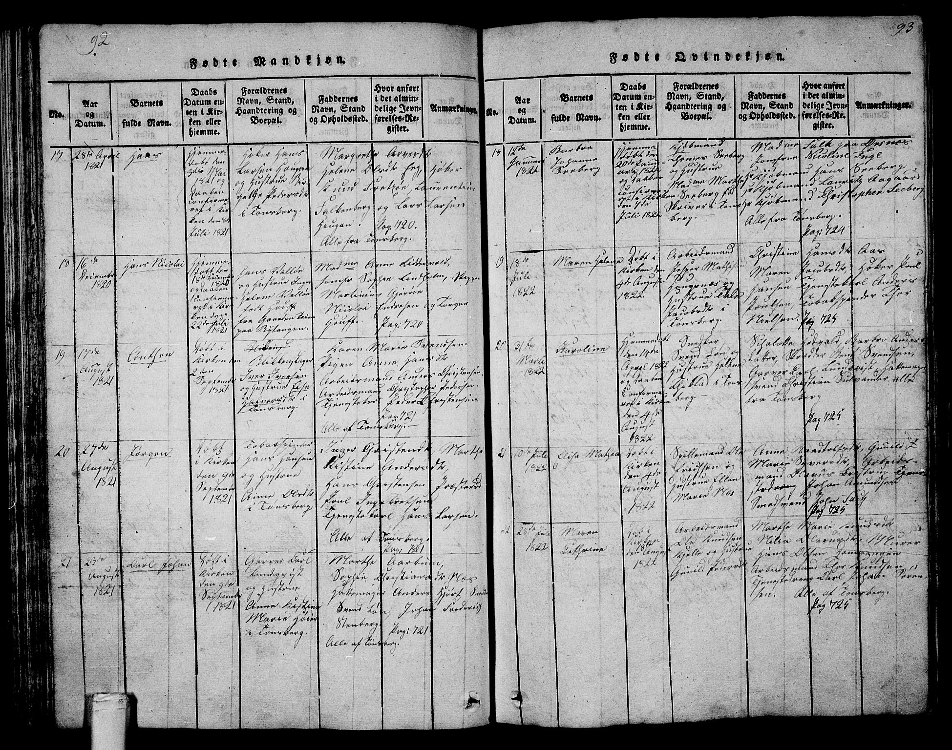 Tønsberg kirkebøker, SAKO/A-330/G/Ga/L0001: Parish register (copy) no. 1, 1813-1826, p. 92-93