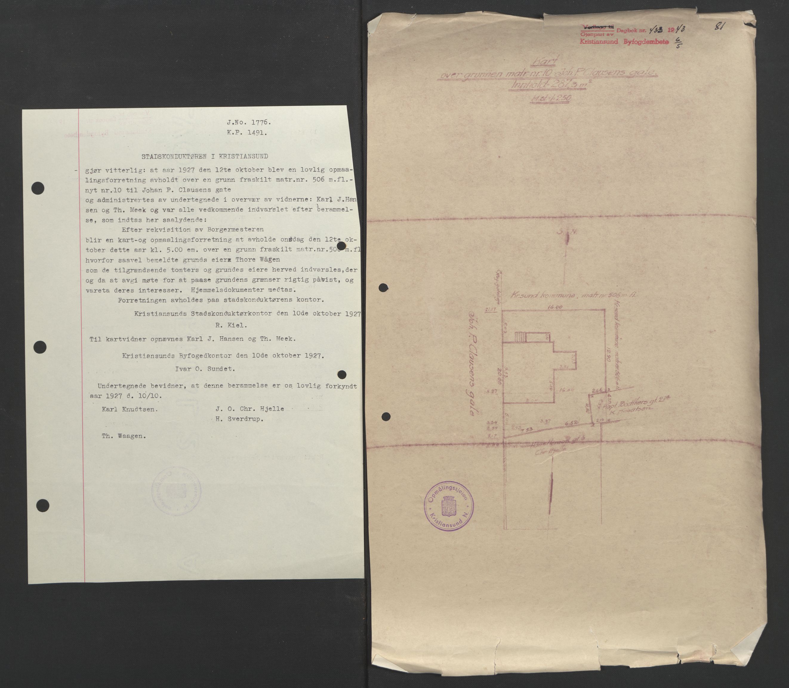 Kristiansund byfogd, AV/SAT-A-4587/A/27: Mortgage book no. 37, 1942-1945, Diary no: : 433/1943