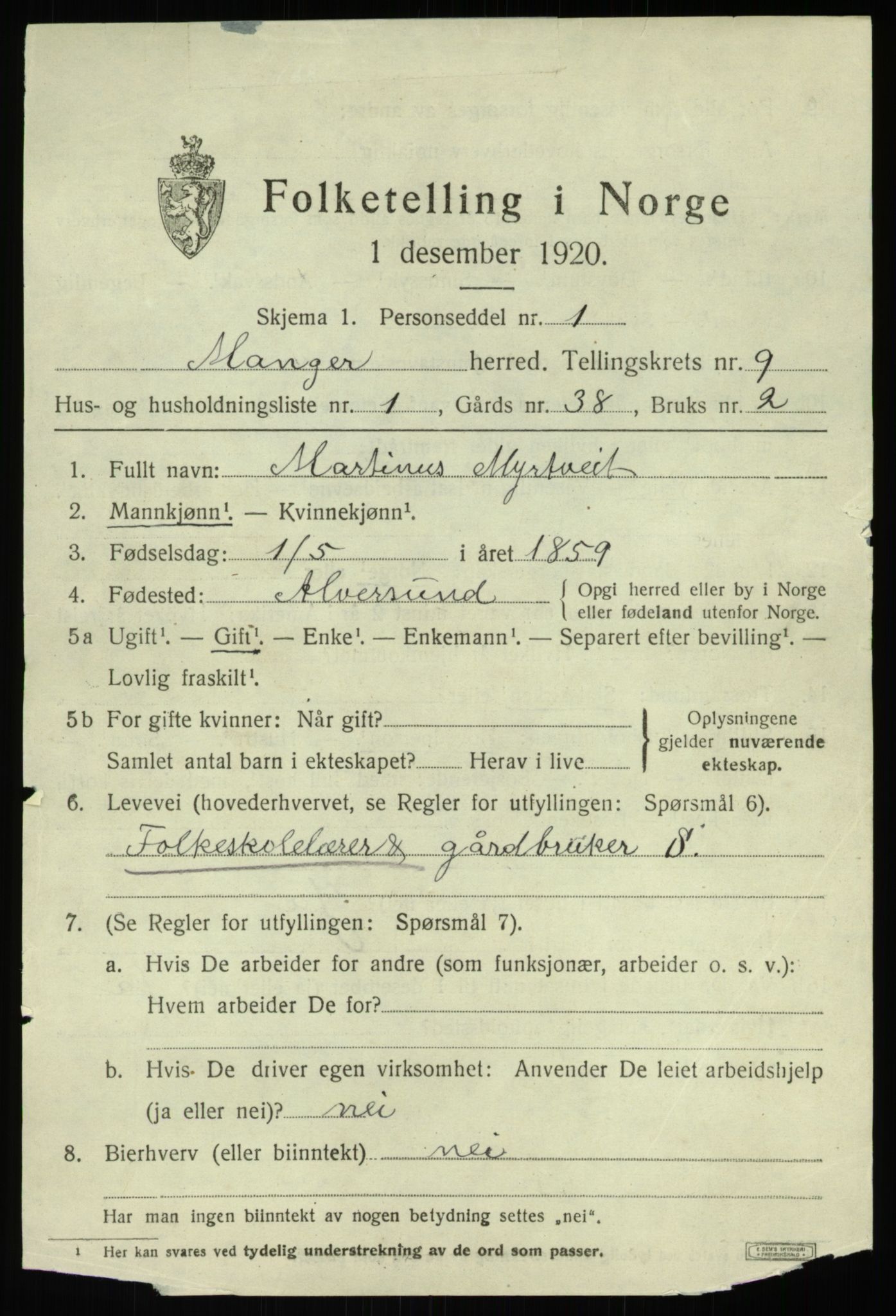 SAB, 1920 census for Manger, 1920, p. 5439