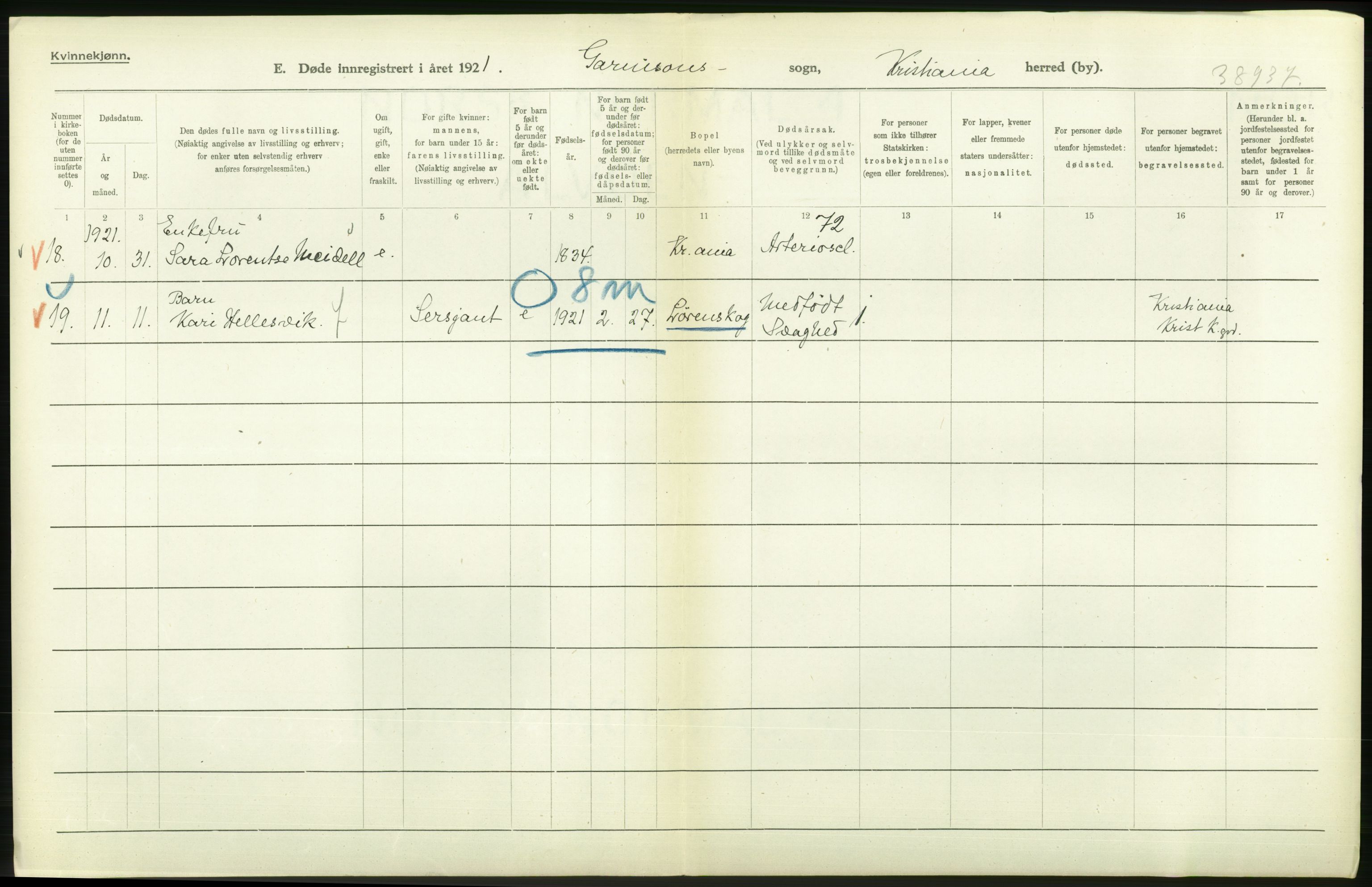 Statistisk sentralbyrå, Sosiodemografiske emner, Befolkning, AV/RA-S-2228/D/Df/Dfc/Dfca/L0013: Kristiania: Døde, dødfødte, 1921, p. 192