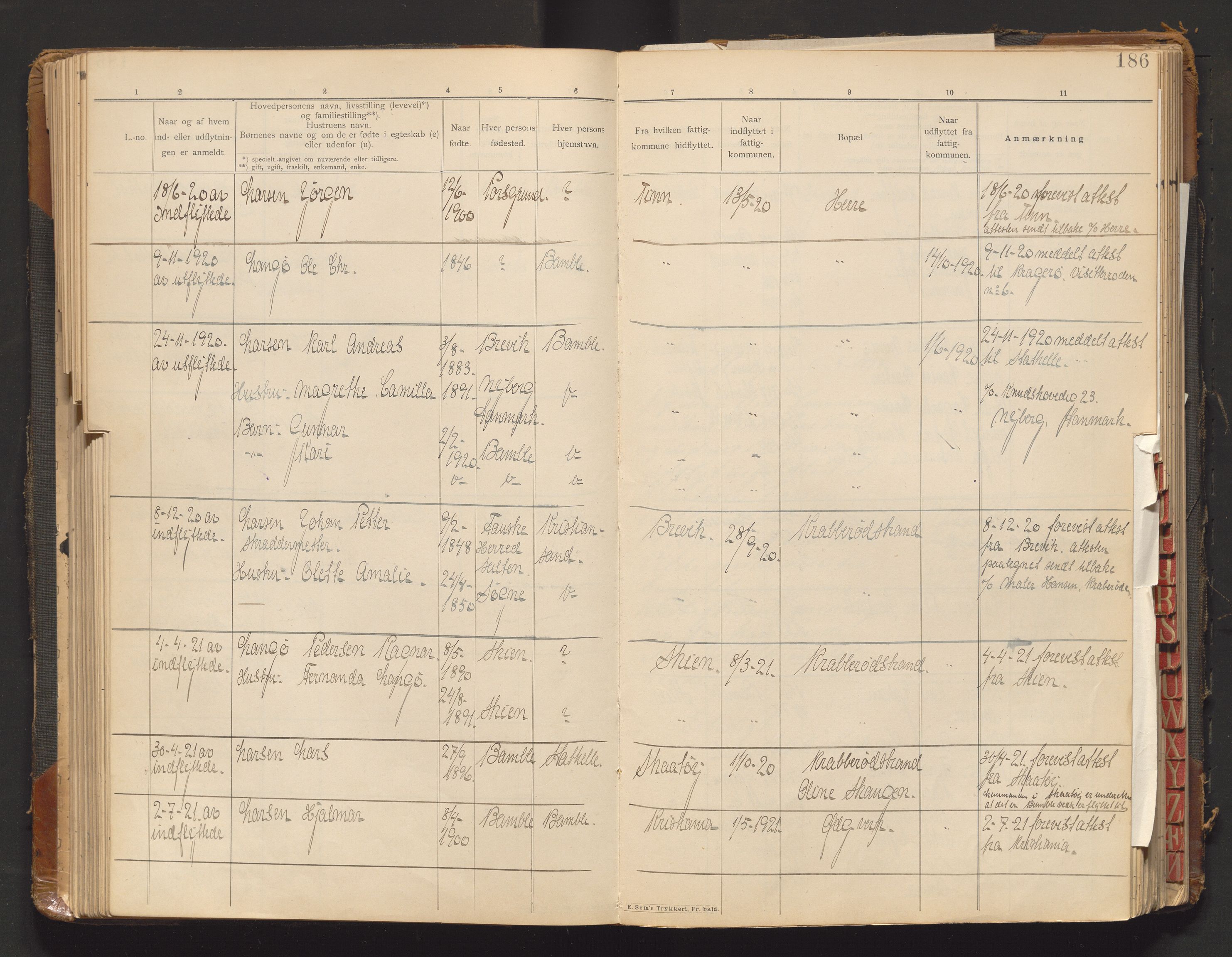 Bamble lensmannskontor, AV/SAKO-A-552/O/Oa/L0001: Protokoll over inn- og utflyttede - Bamble, 1901-1933, p. 186