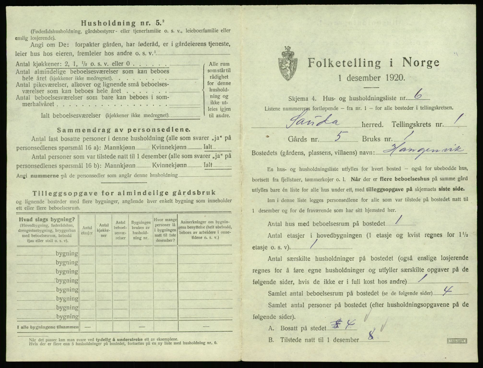 SAST, 1920 census for Sauda, 1920, p. 50