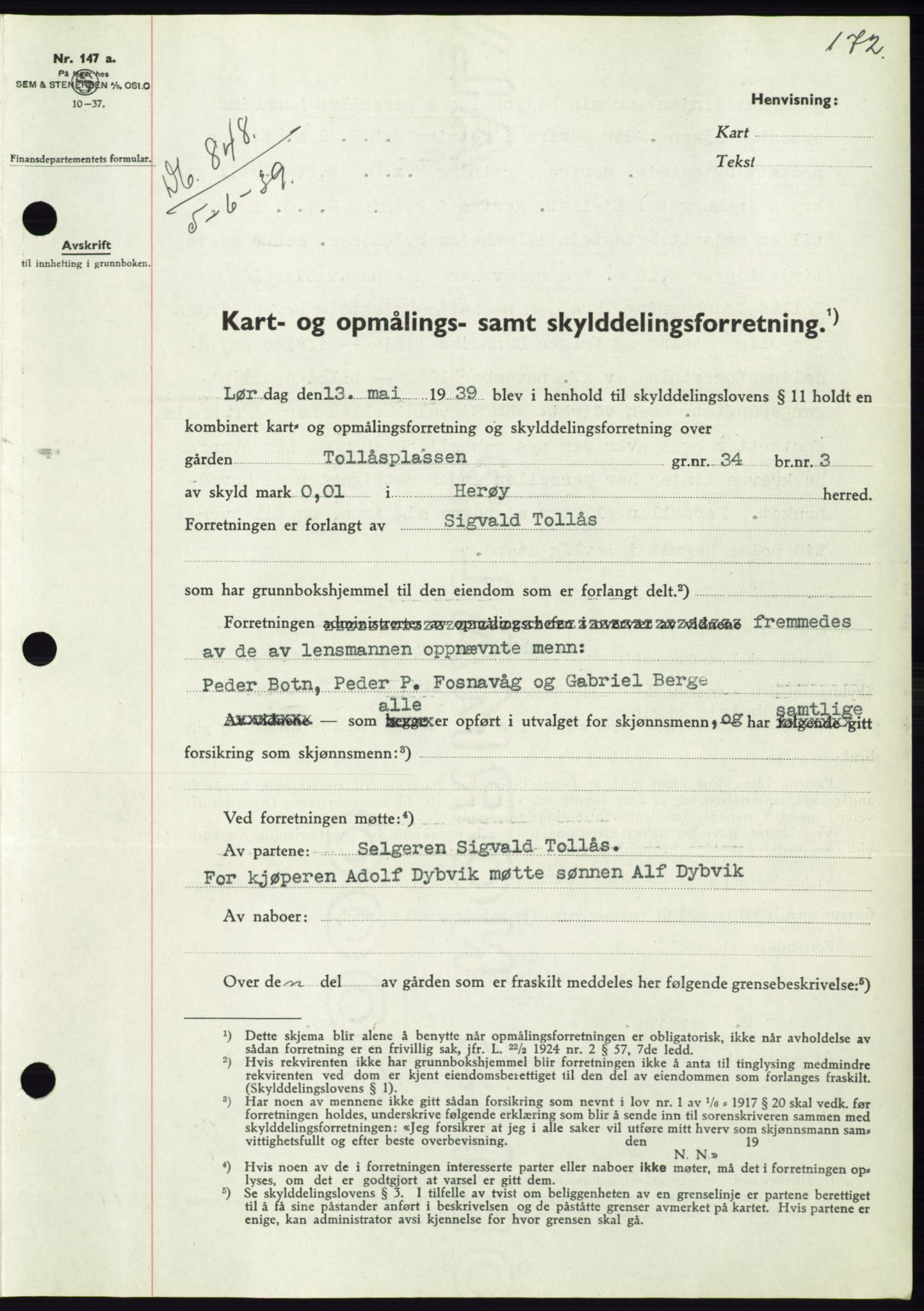 Søre Sunnmøre sorenskriveri, AV/SAT-A-4122/1/2/2C/L0068: Mortgage book no. 62, 1939-1939, Diary no: : 848/1939