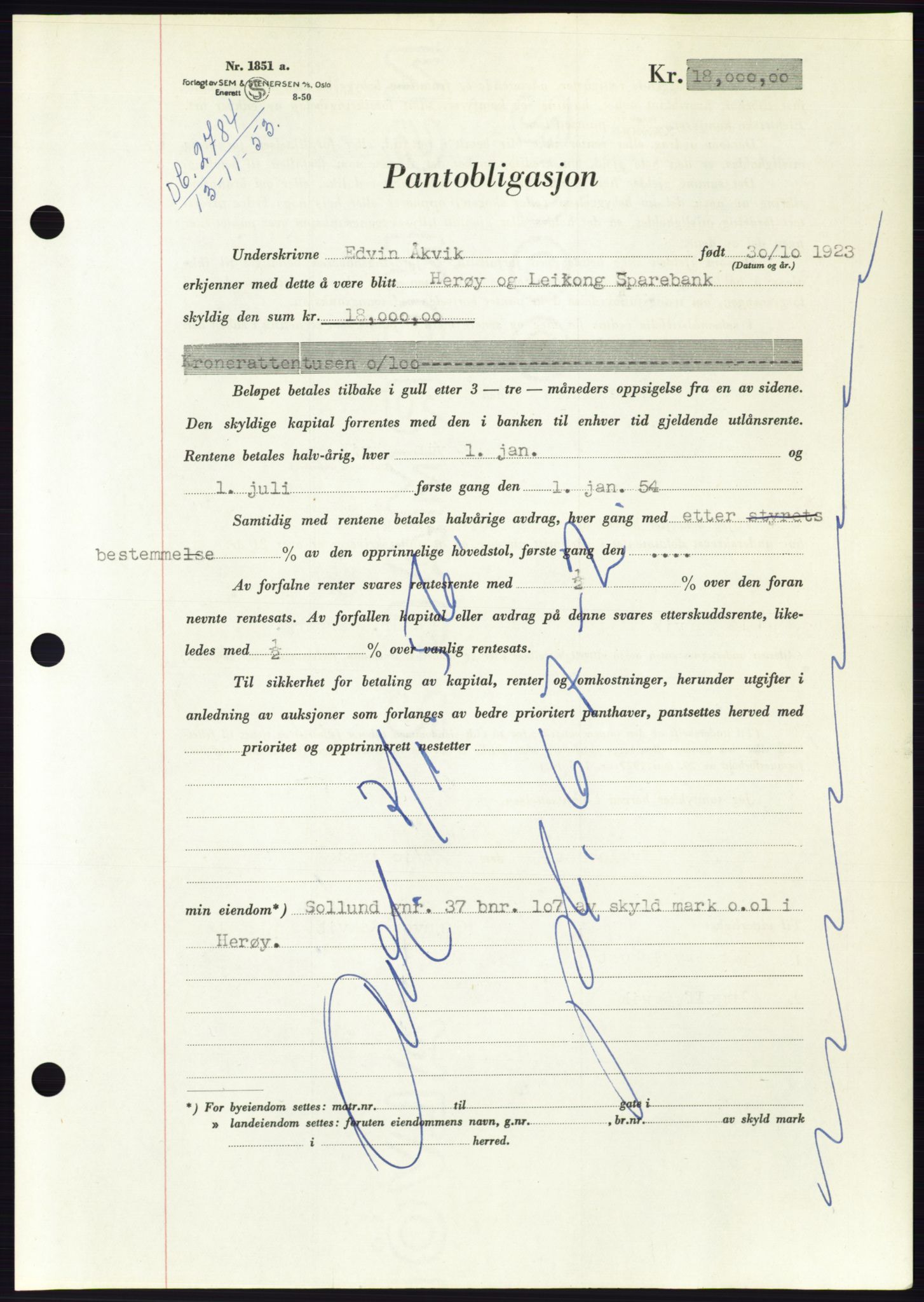 Søre Sunnmøre sorenskriveri, AV/SAT-A-4122/1/2/2C/L0124: Mortgage book no. 12B, 1953-1954, Diary no: : 2784/1953