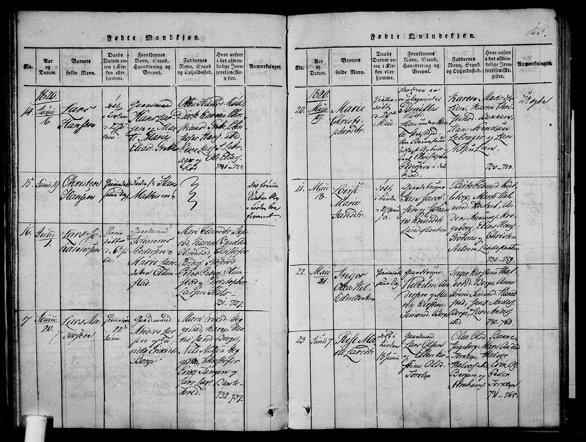 Våle kirkebøker, SAKO/A-334/F/Fa/L0007: Parish register (official) no. I 7, 1814-1824, p. 102-103