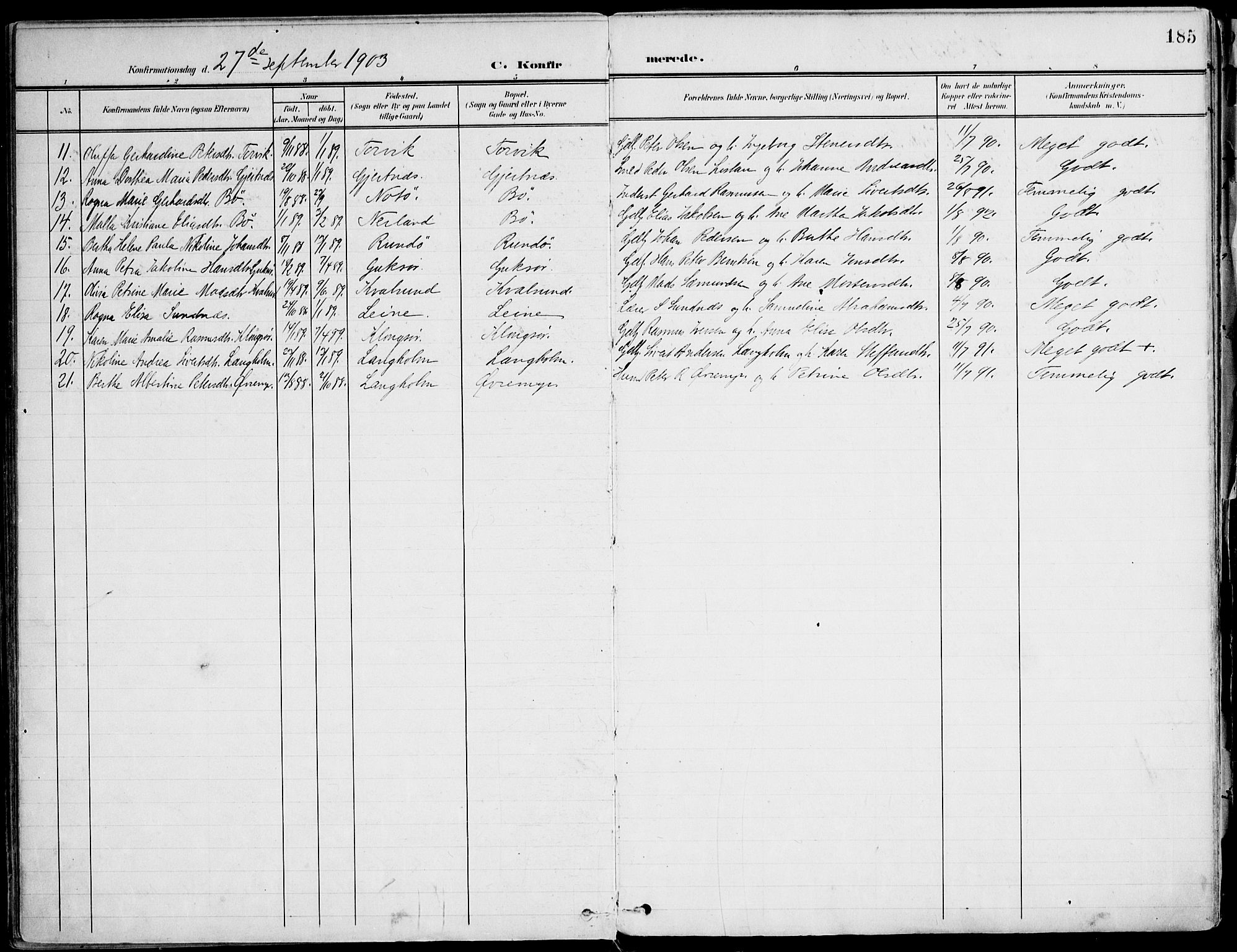 Ministerialprotokoller, klokkerbøker og fødselsregistre - Møre og Romsdal, SAT/A-1454/507/L0075: Parish register (official) no. 507A10, 1901-1920, p. 185