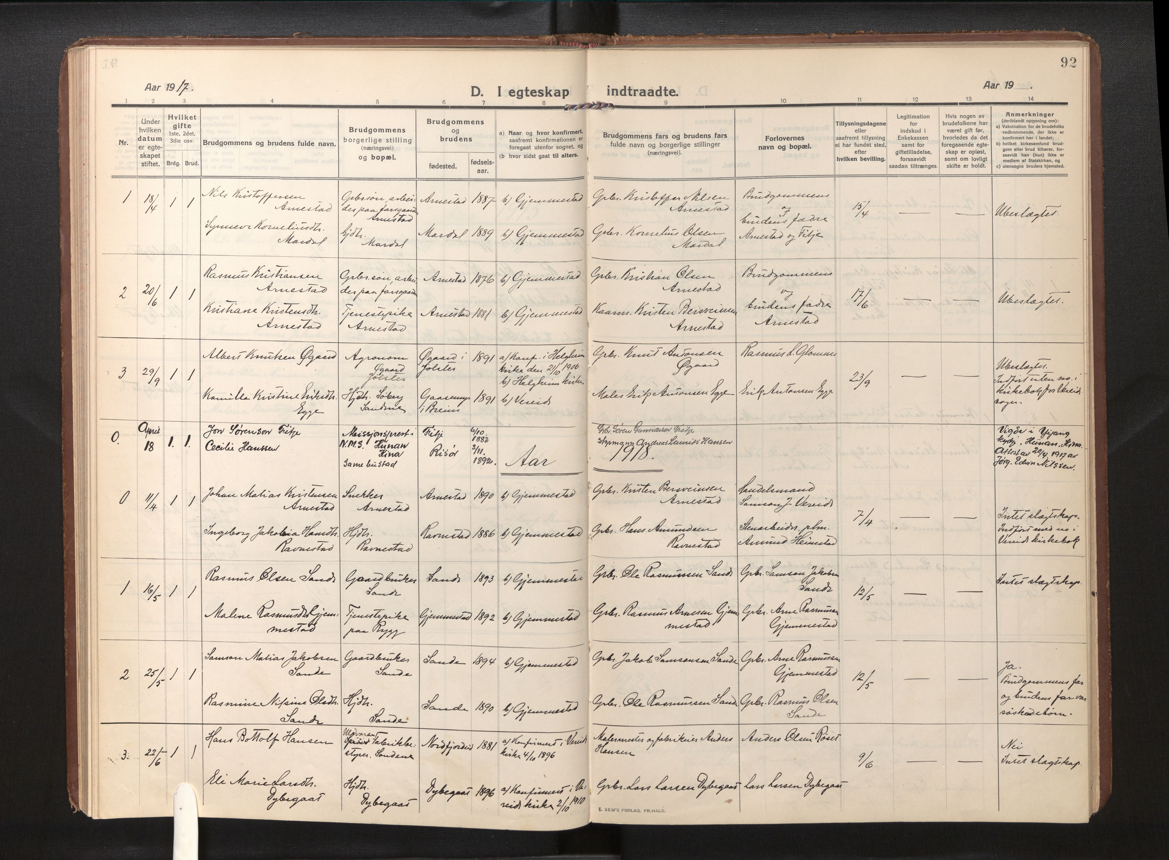 Gloppen sokneprestembete, AV/SAB-A-80101/H/Haa/Haad/L0002: Parish register (official) no. D 2, 1911-1925, p. 91b-92a