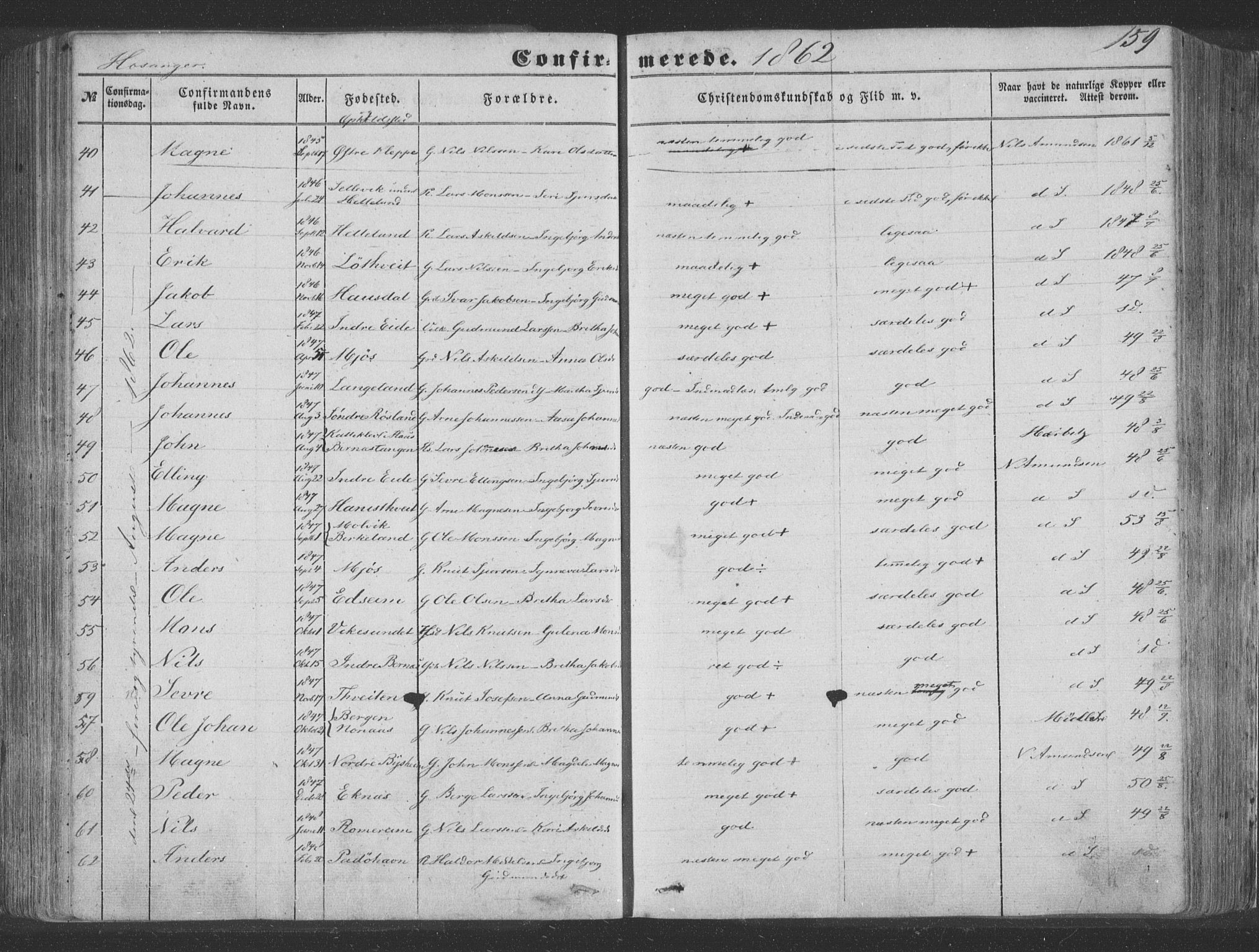 Hosanger sokneprestembete, AV/SAB-A-75801/H/Haa: Parish register (official) no. A 8, 1849-1863, p. 159