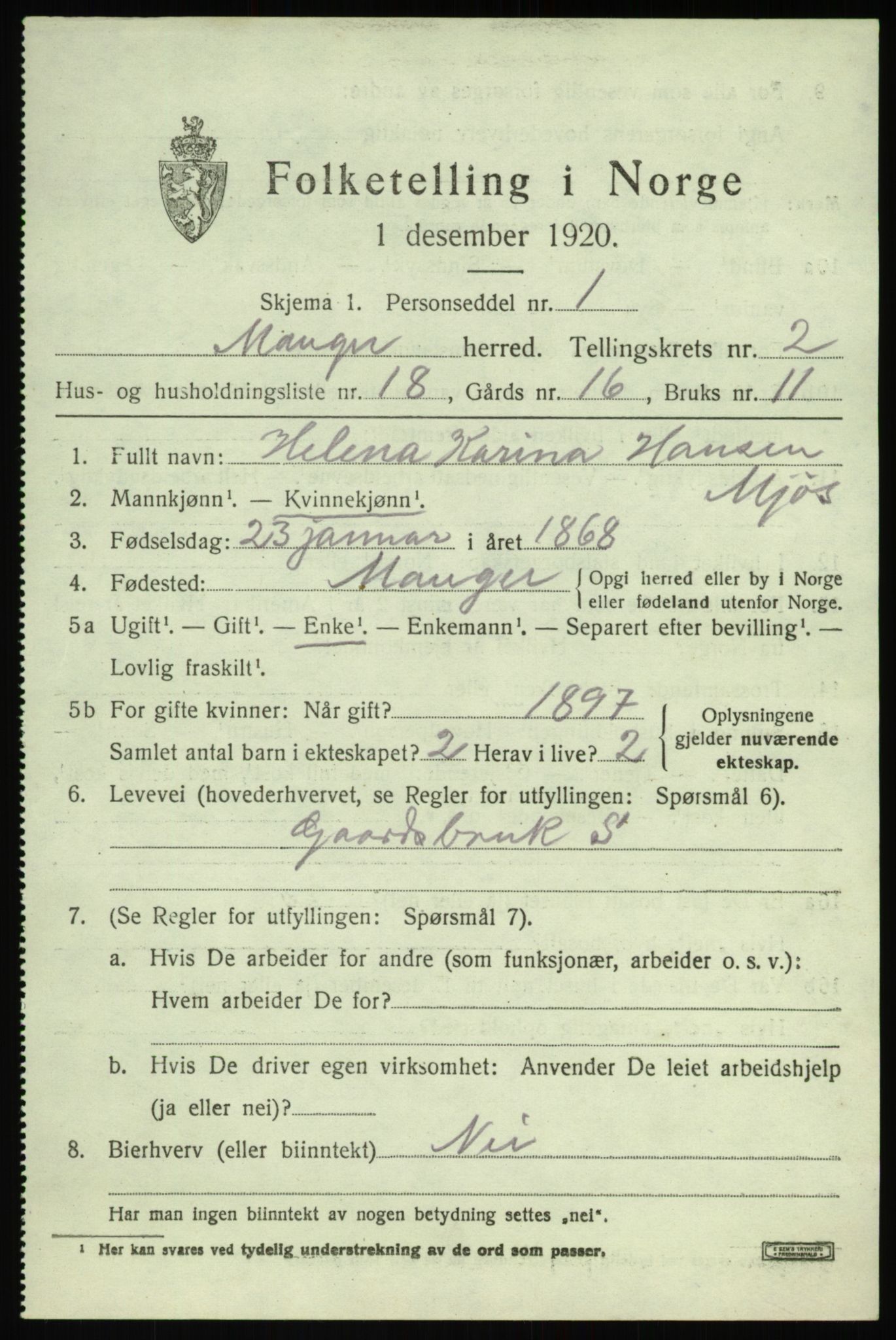 SAB, 1920 census for Manger, 1920, p. 2187