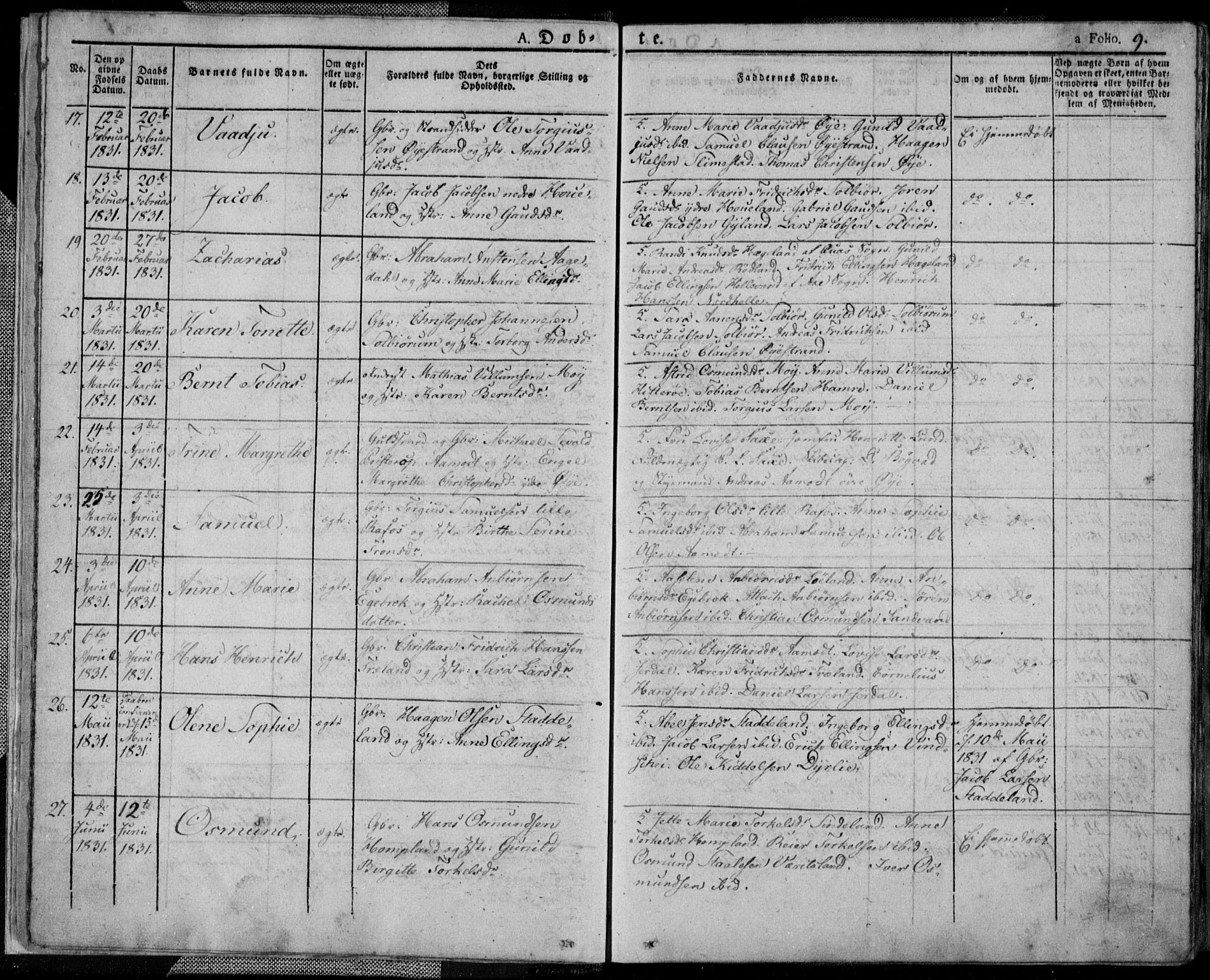 Kvinesdal sokneprestkontor, AV/SAK-1111-0026/F/Fa/Fab/L0004: Parish register (official) no. A 4, 1829-1843, p. 9