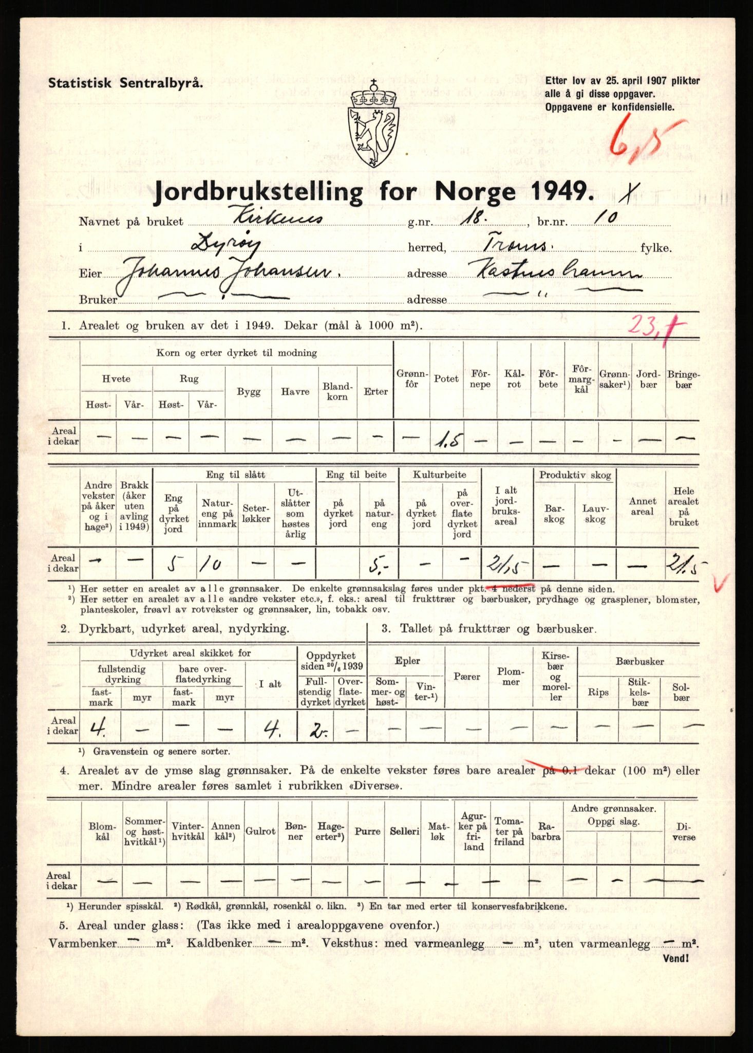 Statistisk sentralbyrå, Næringsøkonomiske emner, Jordbruk, skogbruk, jakt, fiske og fangst, AV/RA-S-2234/G/Gc/L0440: Troms: Sørreisa og Dyrøy, 1949, p. 1258