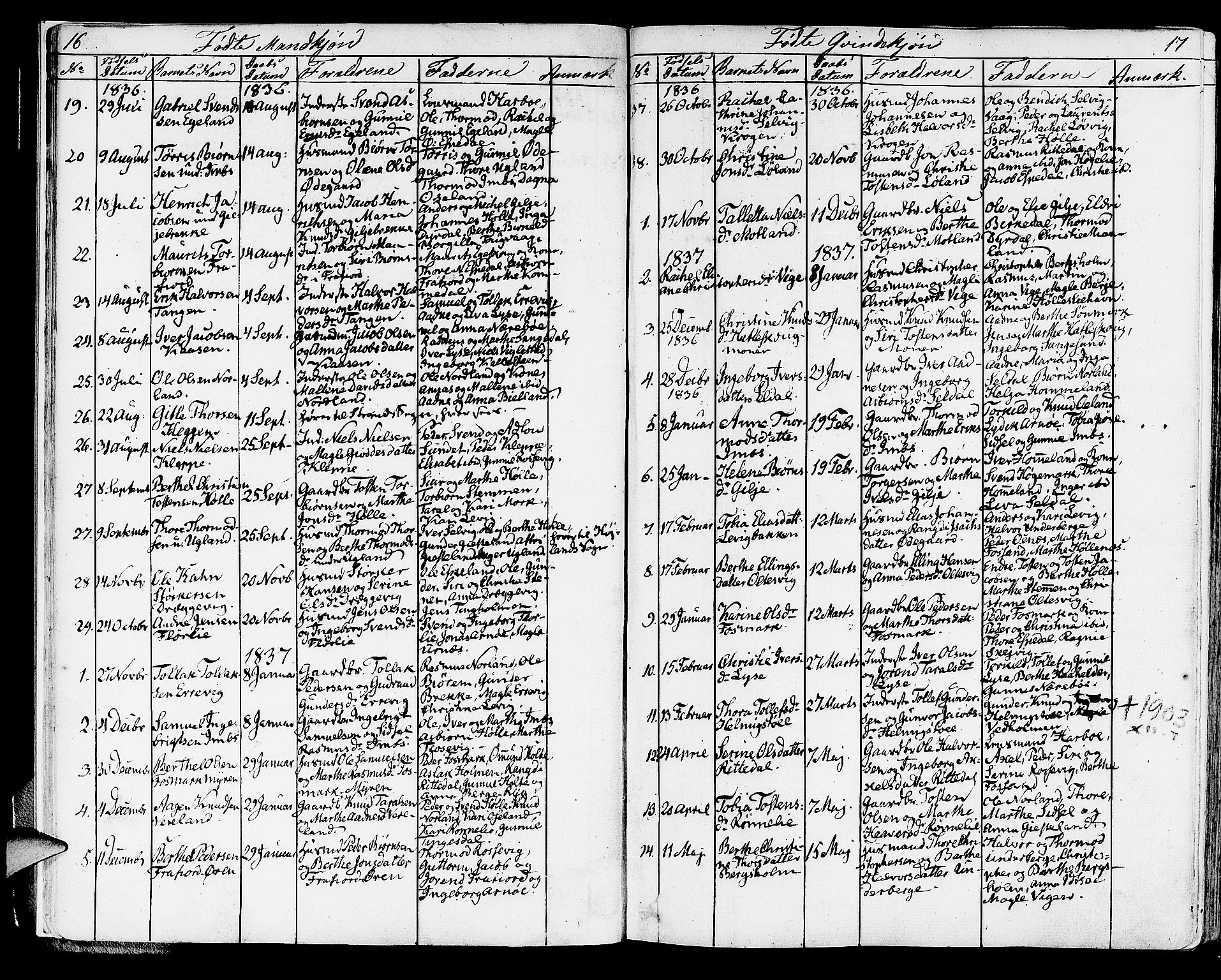 Strand sokneprestkontor, SAST/A-101828/H/Ha/Haa/L0005: Parish register (official) no. A 5, 1833-1854, p. 16-17