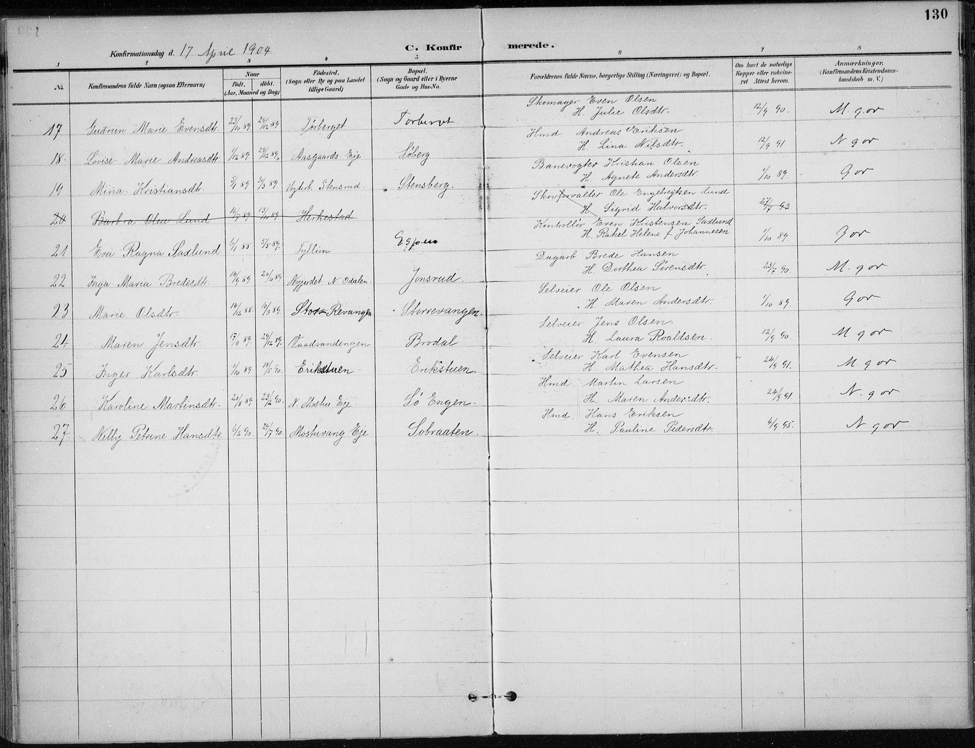 Stange prestekontor, AV/SAH-PREST-002/K/L0023: Parish register (official) no. 23, 1897-1920, p. 130