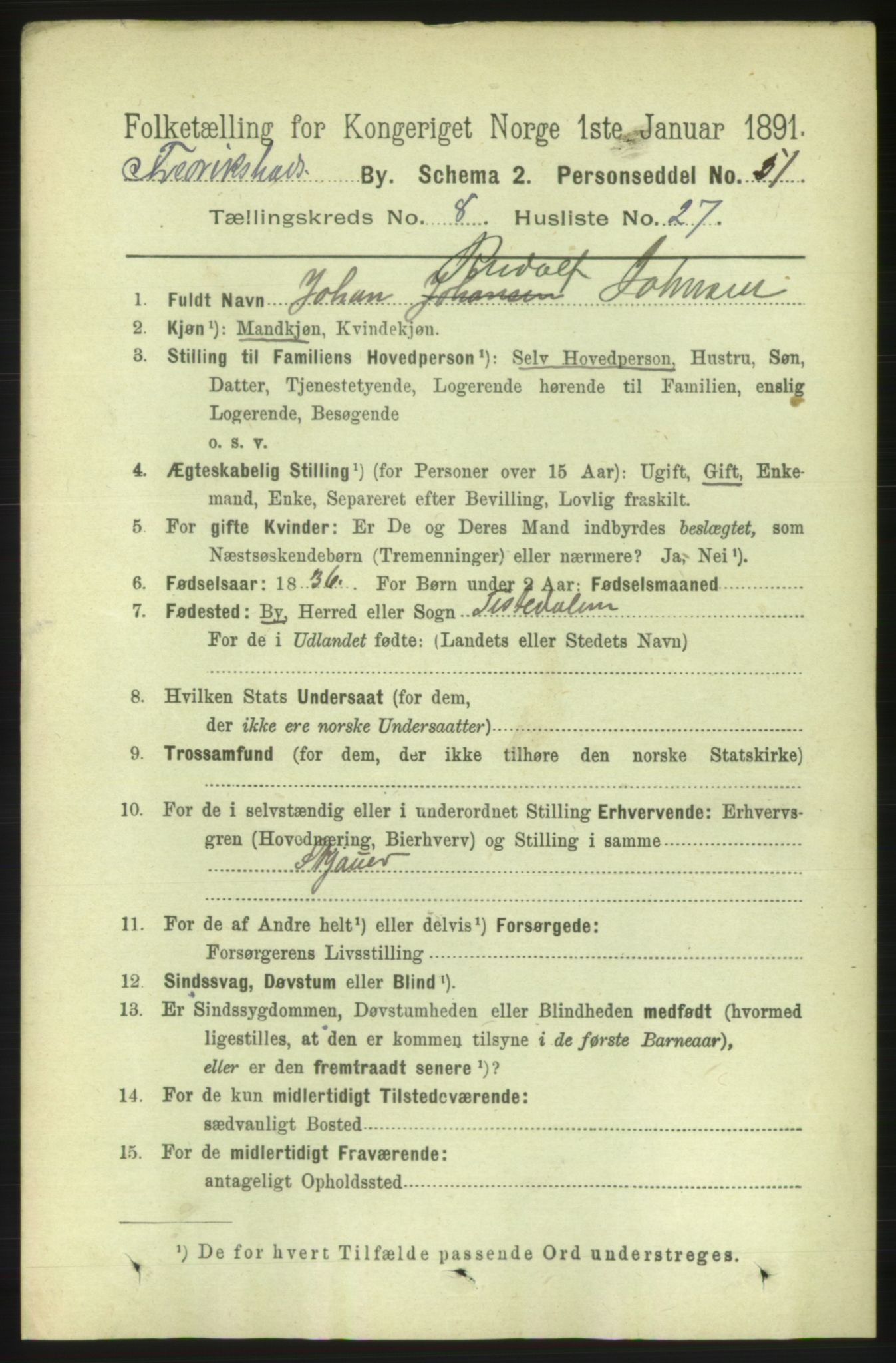 RA, 1891 census for 0101 Fredrikshald, 1891, p. 5814