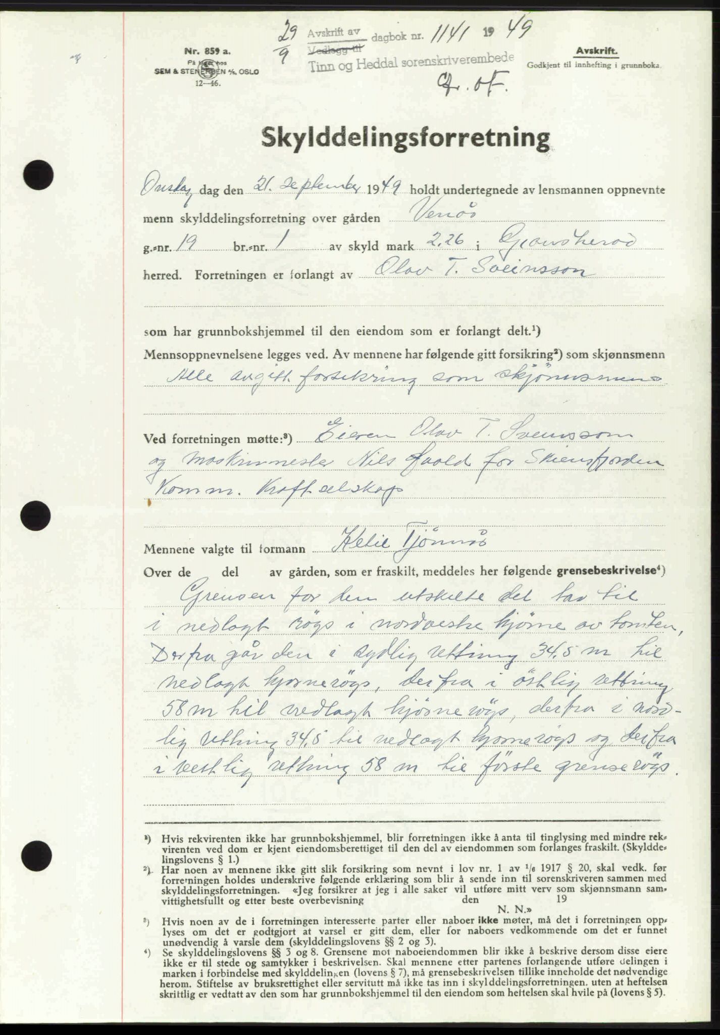 Tinn og Heddal sorenskriveri, AV/SAKO-A-212/G/Ga/L0013: Mortgage book no. 13, 1949-1949, Diary no: : 1141/1949