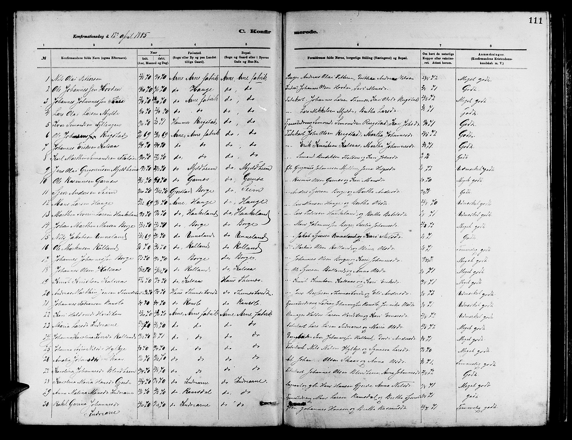 Arna Sokneprestembete, SAB/A-74001/H/Ha/Hab: Parish register (copy) no. A 2, 1878-1887, p. 111