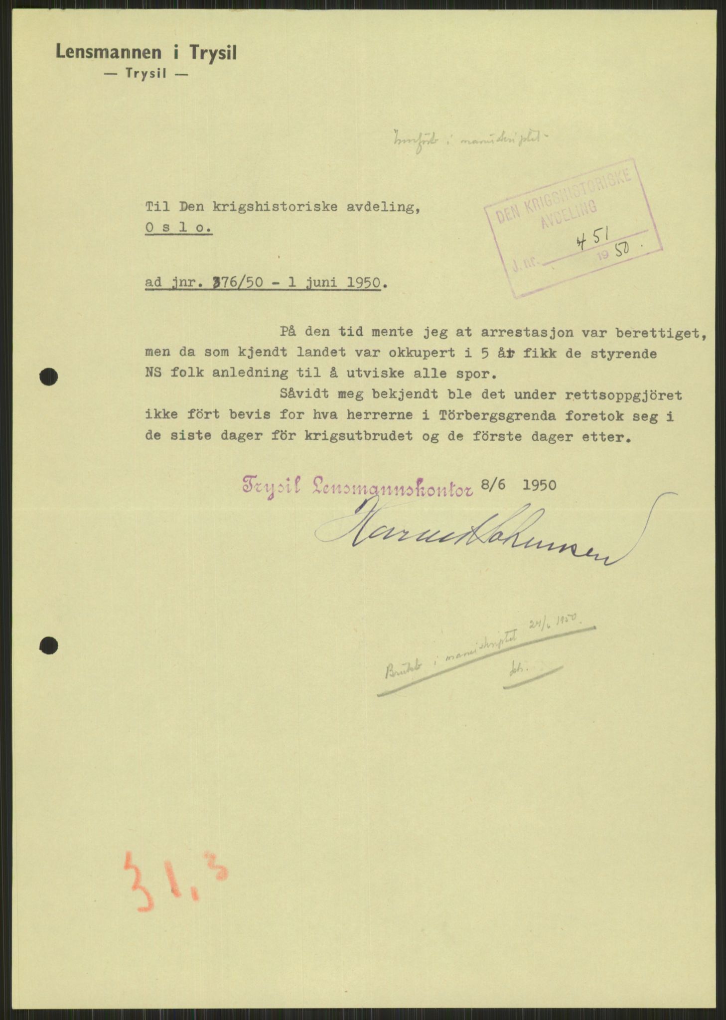 Forsvaret, Forsvarets krigshistoriske avdeling, AV/RA-RAFA-2017/Y/Ya/L0013: II-C-11-31 - Fylkesmenn.  Rapporter om krigsbegivenhetene 1940., 1940, p. 985