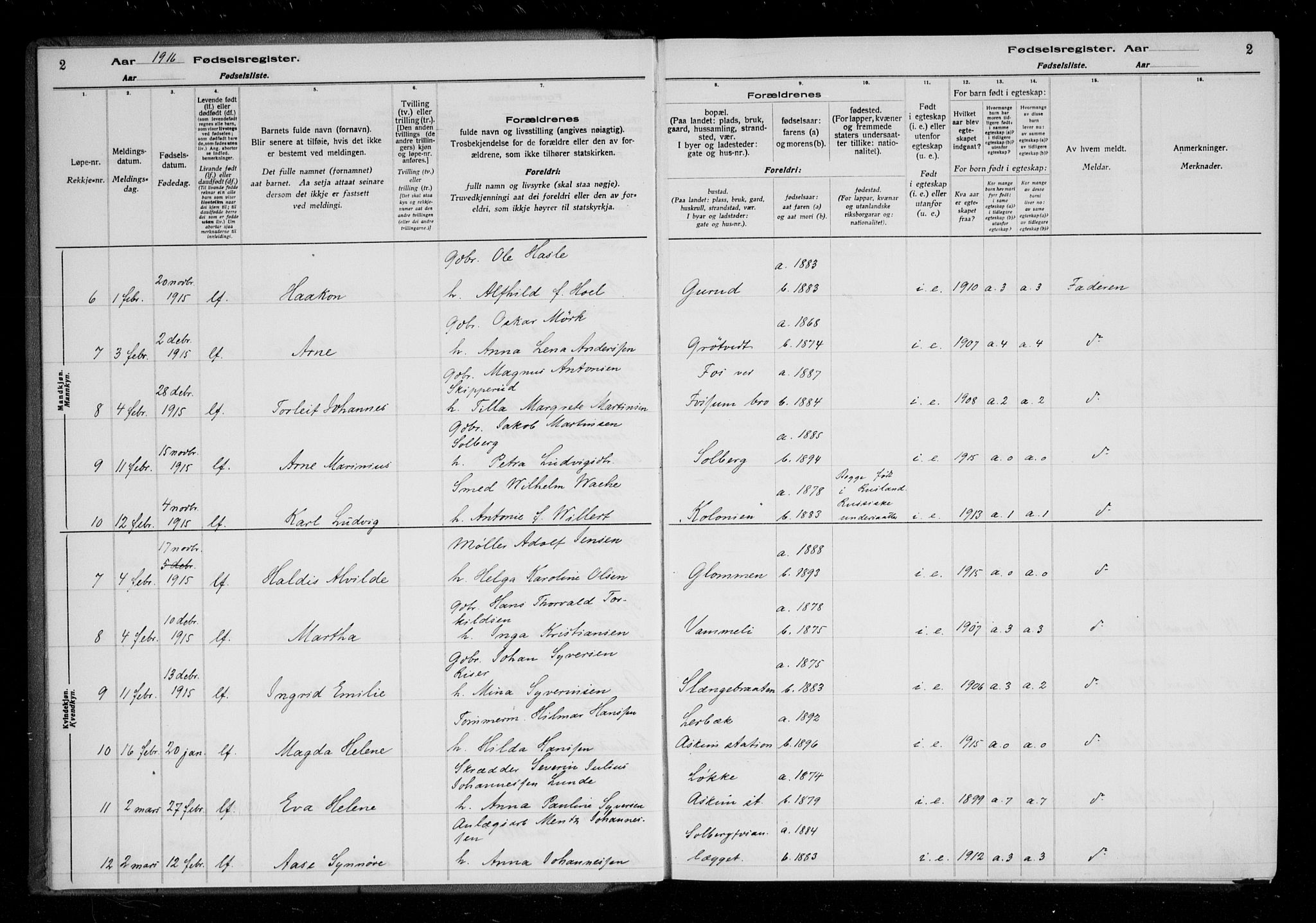 Askim prestekontor Kirkebøker, AV/SAO-A-10900/J/Ja/L0001: Birth register no. 1, 1916-1929, p. 2