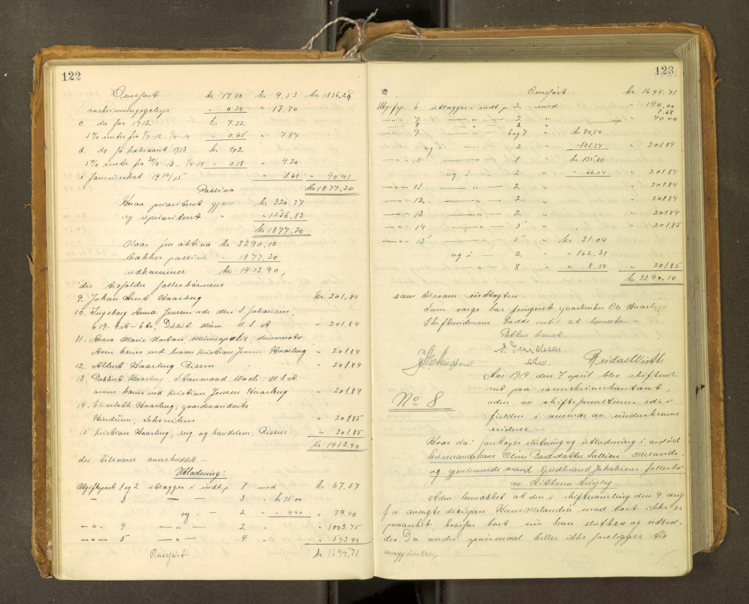Fosen sorenskriveri, AV/SAT-A-1107/1/3/3A/L0031: Skifteutlodningsprotokoll nr. 10, 1913-1919, p. 122-123