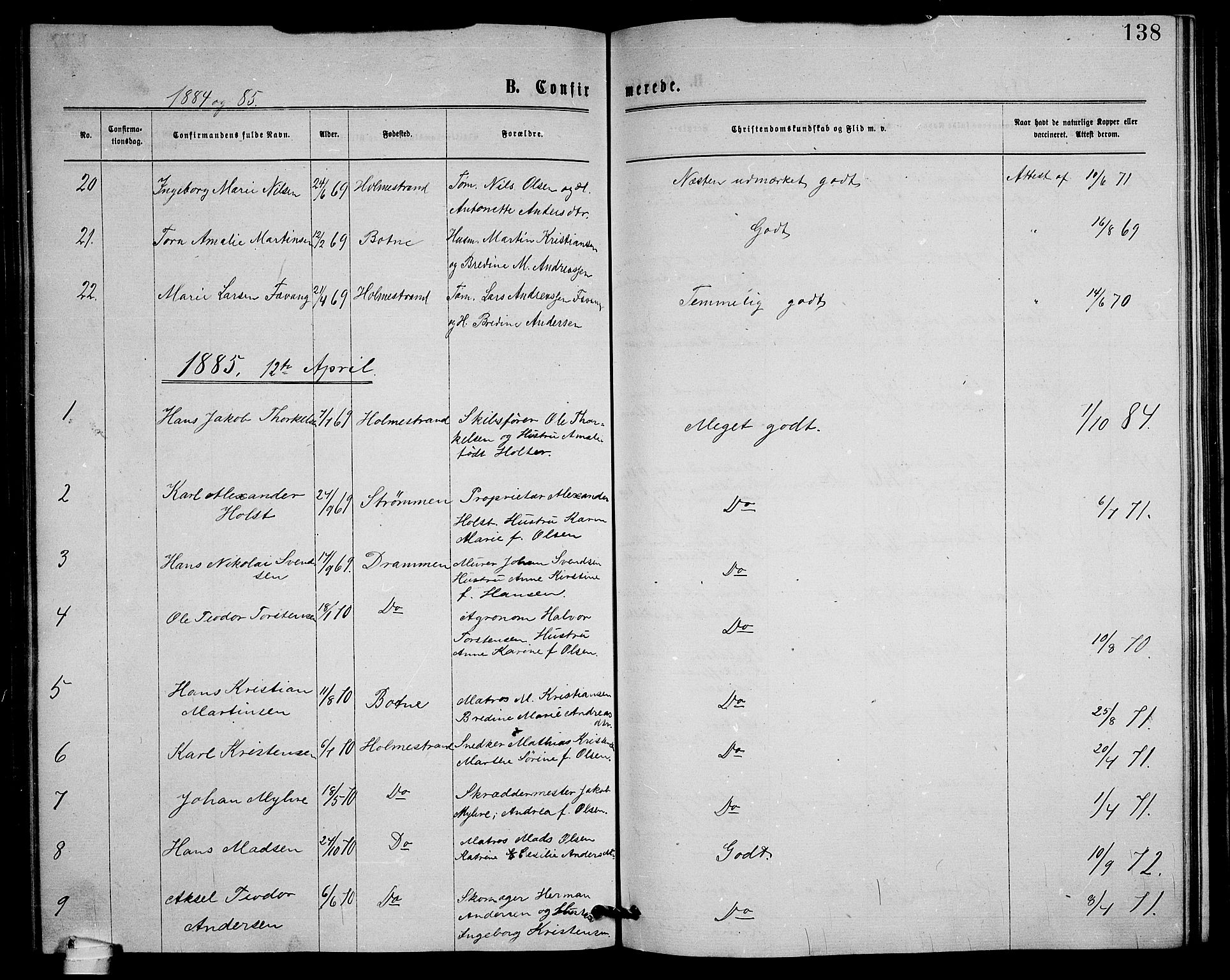Holmestrand kirkebøker, AV/SAKO-A-346/G/Ga/L0004: Parish register (copy) no. 4, 1874-1888, p. 138