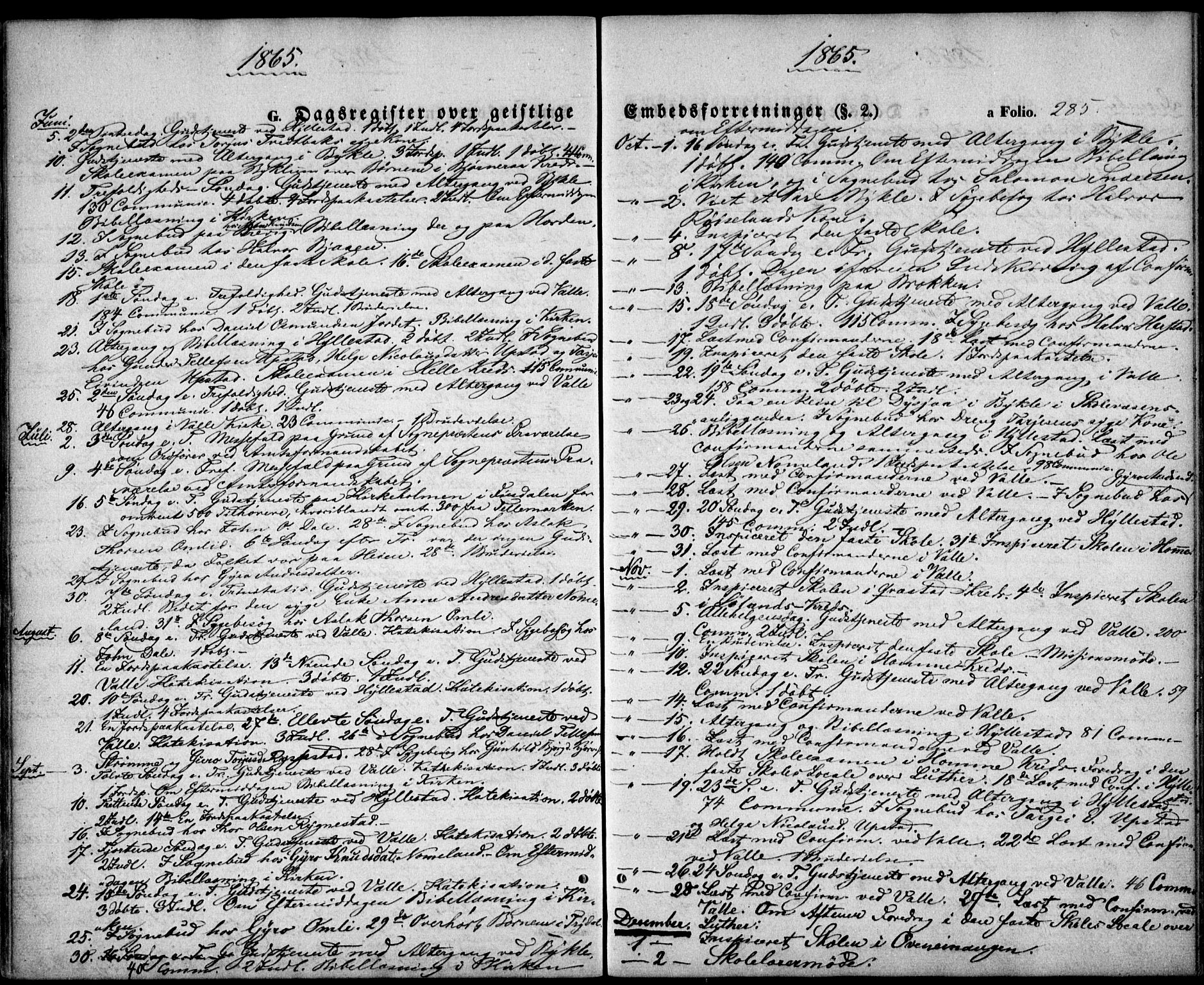 Valle sokneprestkontor, SAK/1111-0044/F/Fa/Fac/L0007: Parish register (official) no. A 7, 1854-1868, p. 285