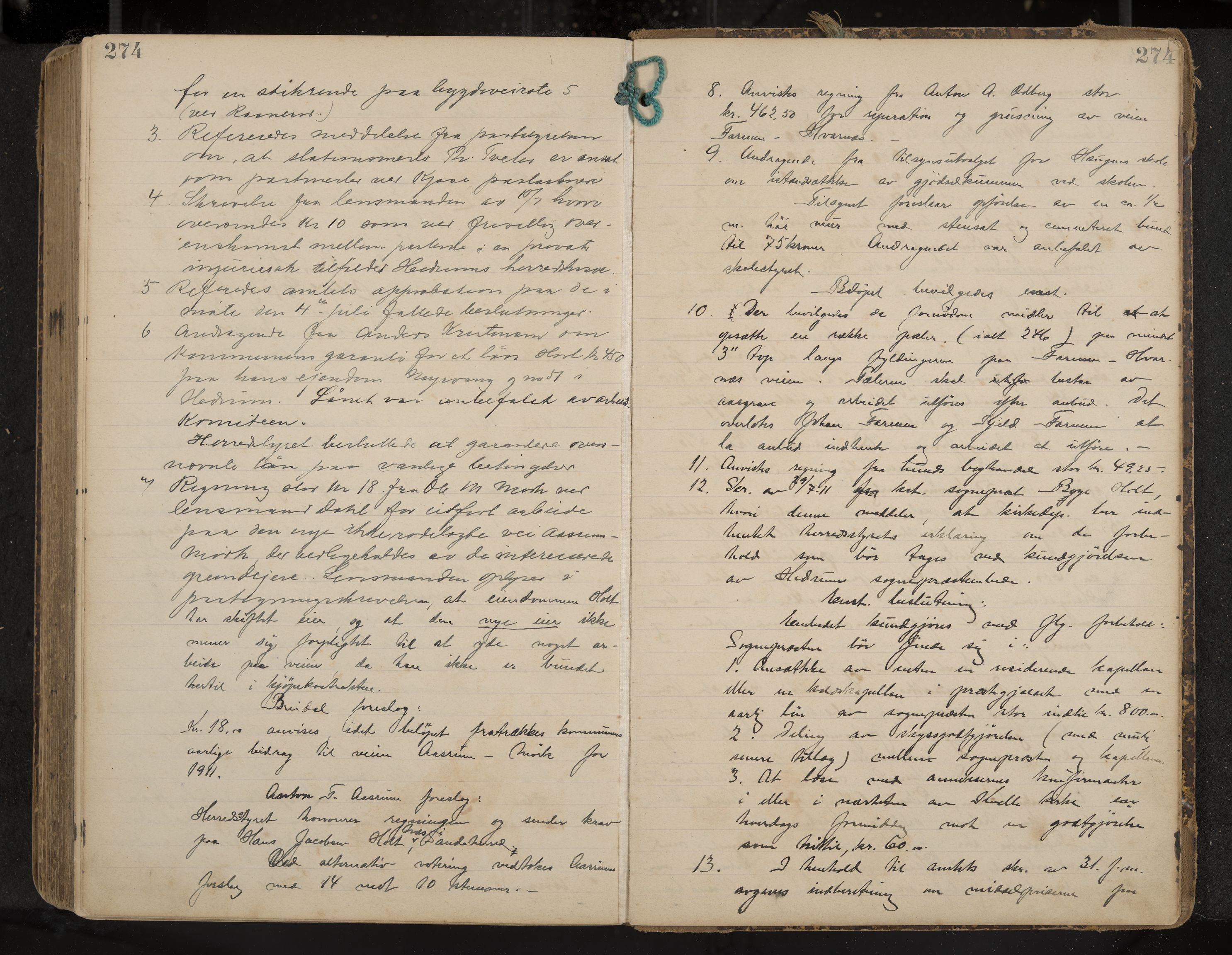 Hedrum formannskap og sentraladministrasjon, IKAK/0727021/A/Aa/L0005: Møtebok, 1899-1911, p. 274